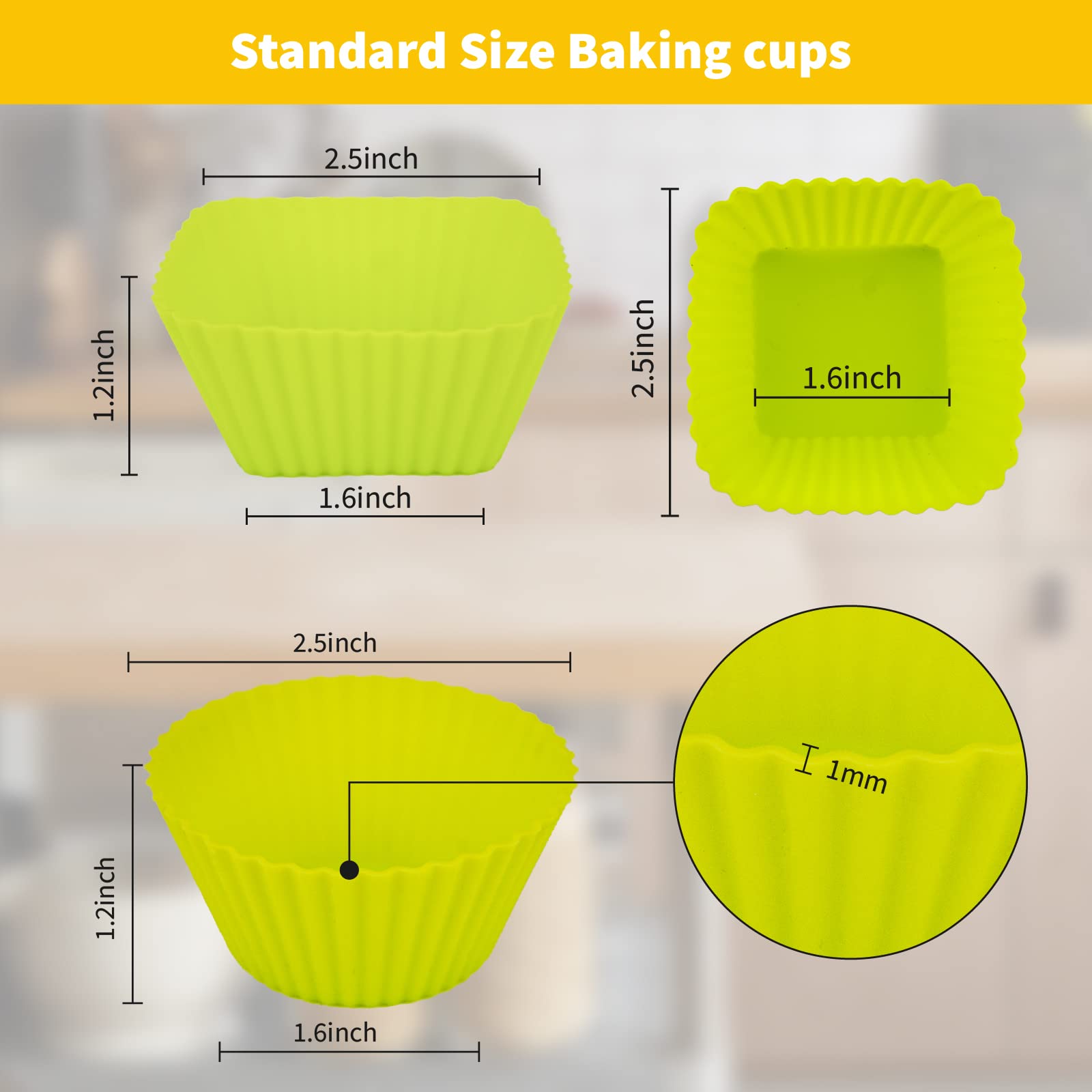 Reusable Silicone Baking Cups Of 24 Pack, Square And Round Muffin Baking Liners, Thicken Non-Stick Muffin Molds, 4 Colors, Bpa-F