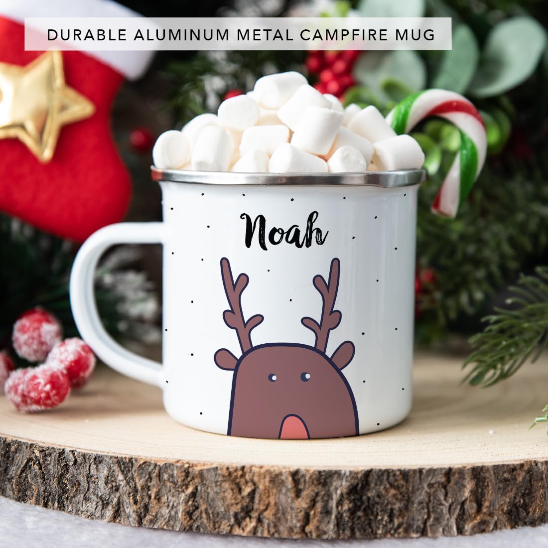 Andaz Press Personalized 11Oz. Christmas Hot Chocolate Stainless Steel Campfire Coffee Mug Gift, Reindeer, 1-Pack, Custom Name E