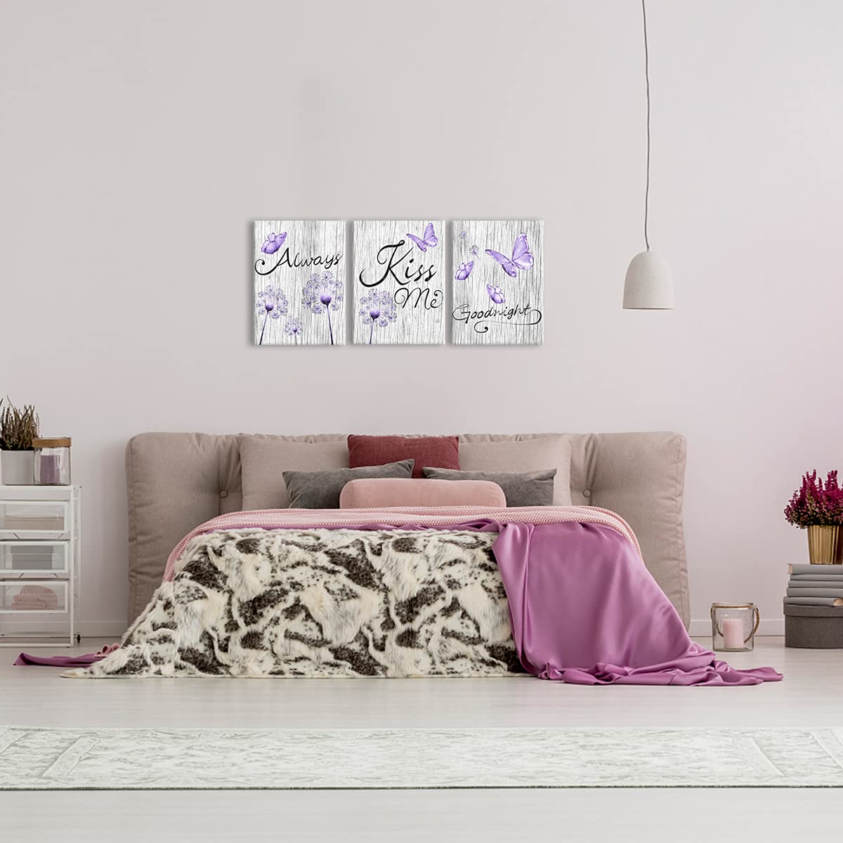 Kalormore Purple Dandelion Butterfly With Always Kiss Me Goodnight Painting Rustic Grey Wooden Textured Lavender Giclee Canvas W