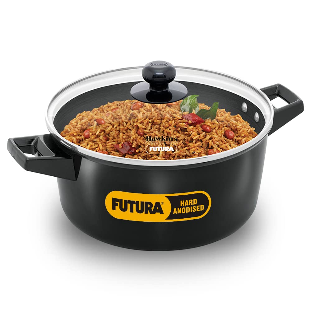 Hawkins Futura 4 Litre Cook N Serve Casserole, Hard Anodised Saucepan With Glass Lid, Sauce Pan For Cooking, Black Bowl For Serv