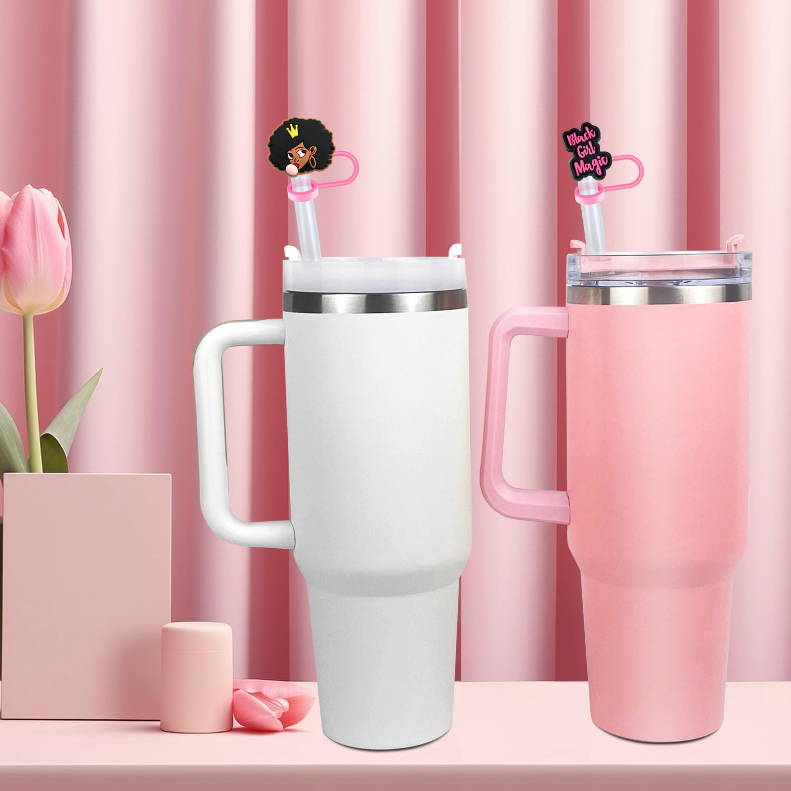 6Pcs Pink Black Girl Straw Covers Cap For Stanley Cup