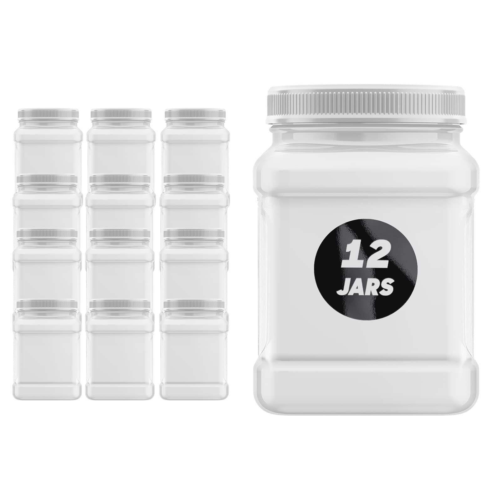 Plastic Jars 32 Fluid Ounce Square Pinch Handle (12 Pack) Clear Pet Plastic Containers With White Ribbed Lids