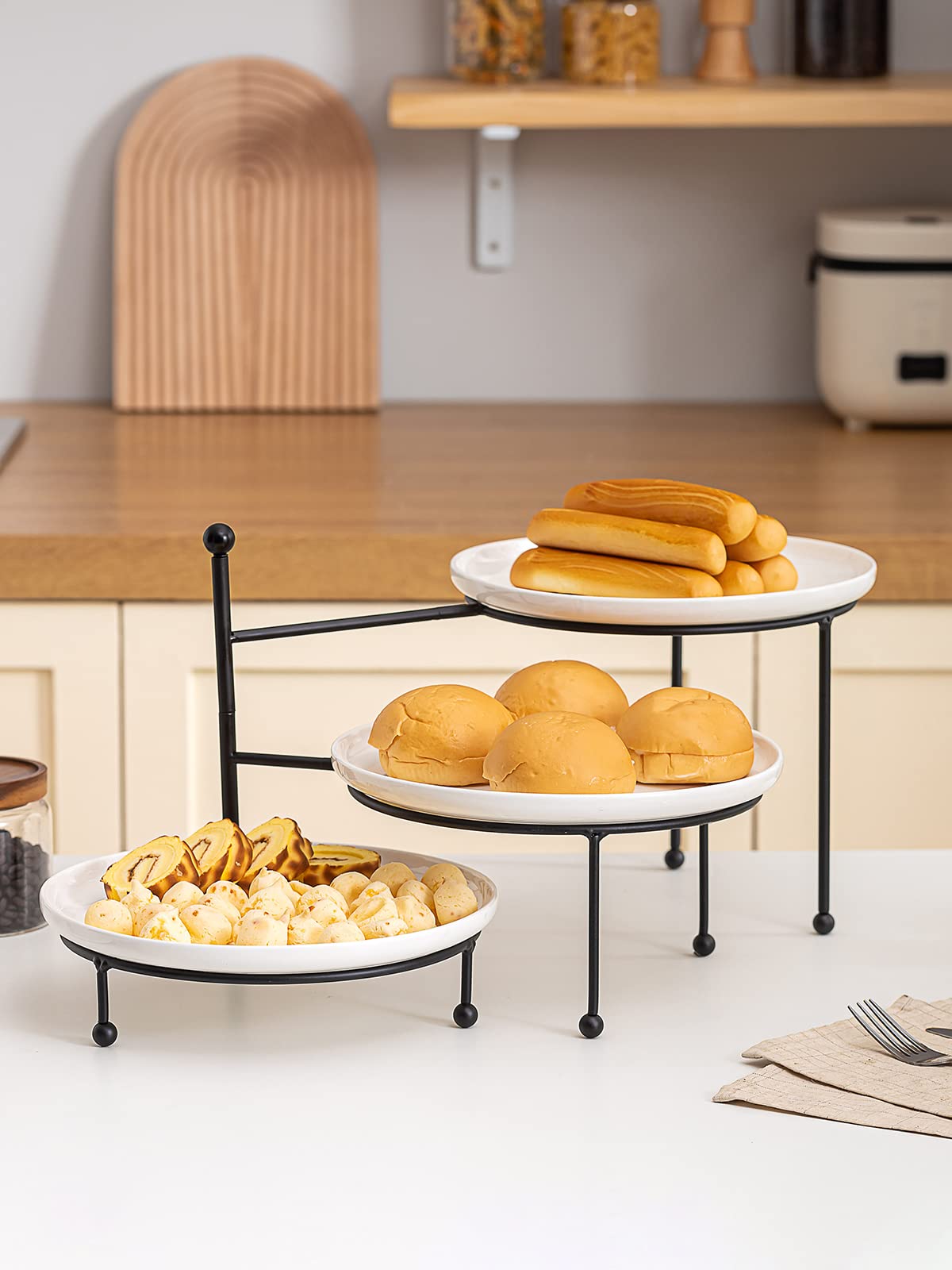 Kanwone 3 Tiered Serving Stand with White Porcelain Plates  Swivel Food Display Stand  10'' x 10'' Tier Serving Trays with Black Metal Stand for Entertaining  3 Tier Dessert Stand