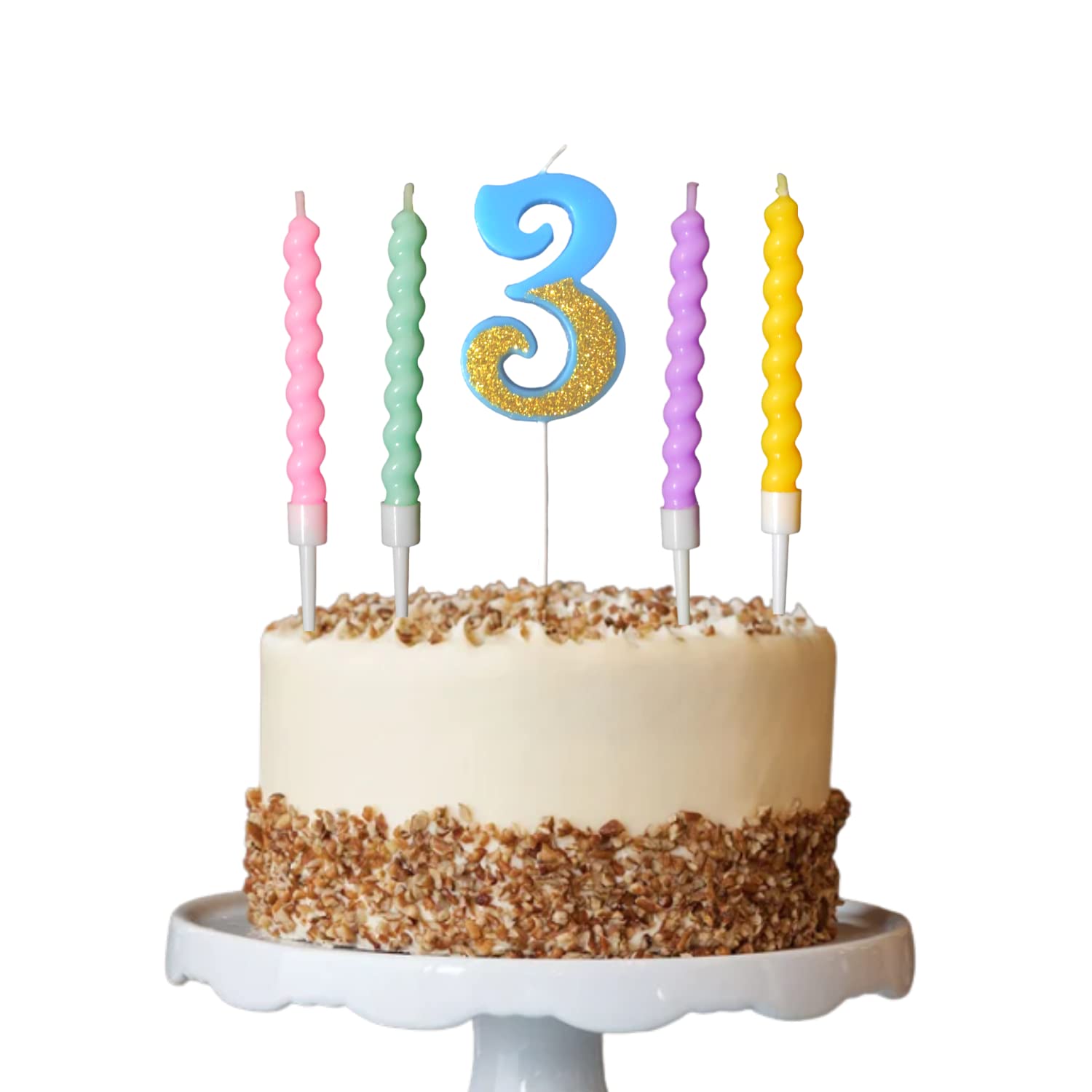 Party Decorz Number 3 Candle | Three Number Candle | Three Number Blue Glitter Candle with Pastel Twisted Candle Set of 5pcs for
