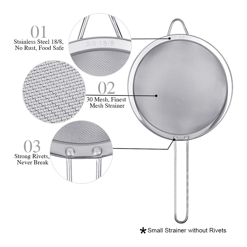 3 Pack Stainless Steel 18/8 Extra Fine Double Mesh Strainers, Large, Medium & Small Sifters, Ideal For Pasta, Rice, Tea, Spaghet