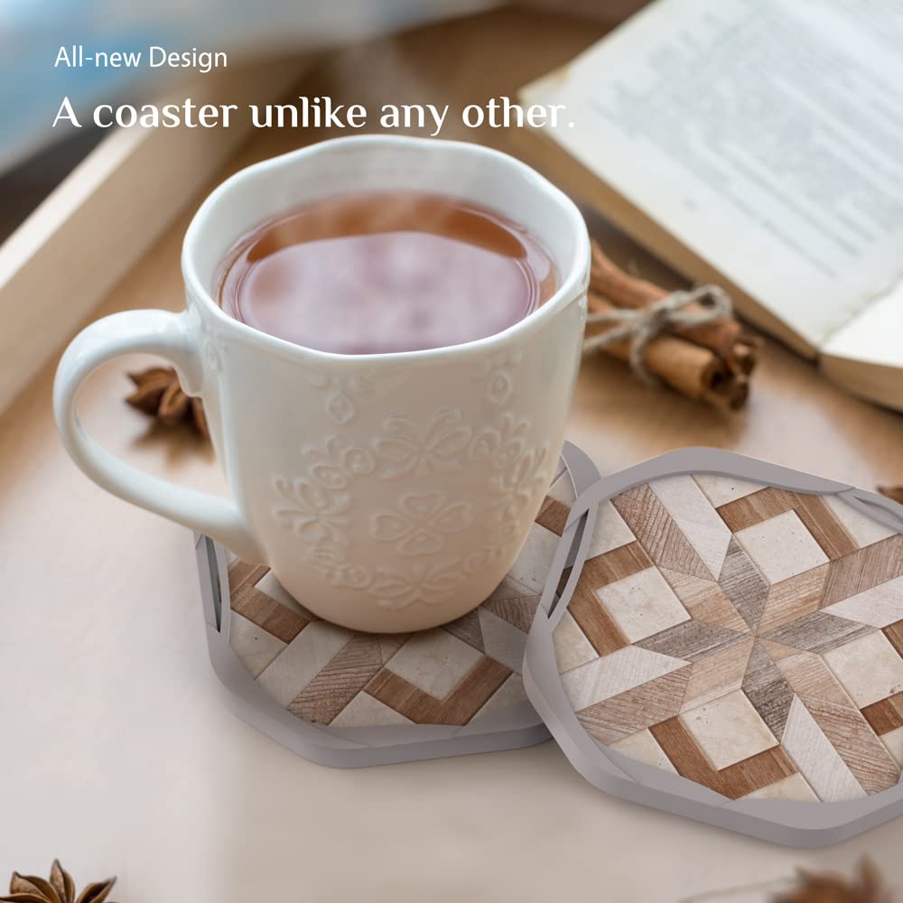 UMIRRO Absorbent Felt Coasters for Drinks with Silicone Case  Rustic Country Farmhouse Cup Coaster Set for Wooden Coffee Table Decor  Boho Tile Design  Brown  4''  4 Pack