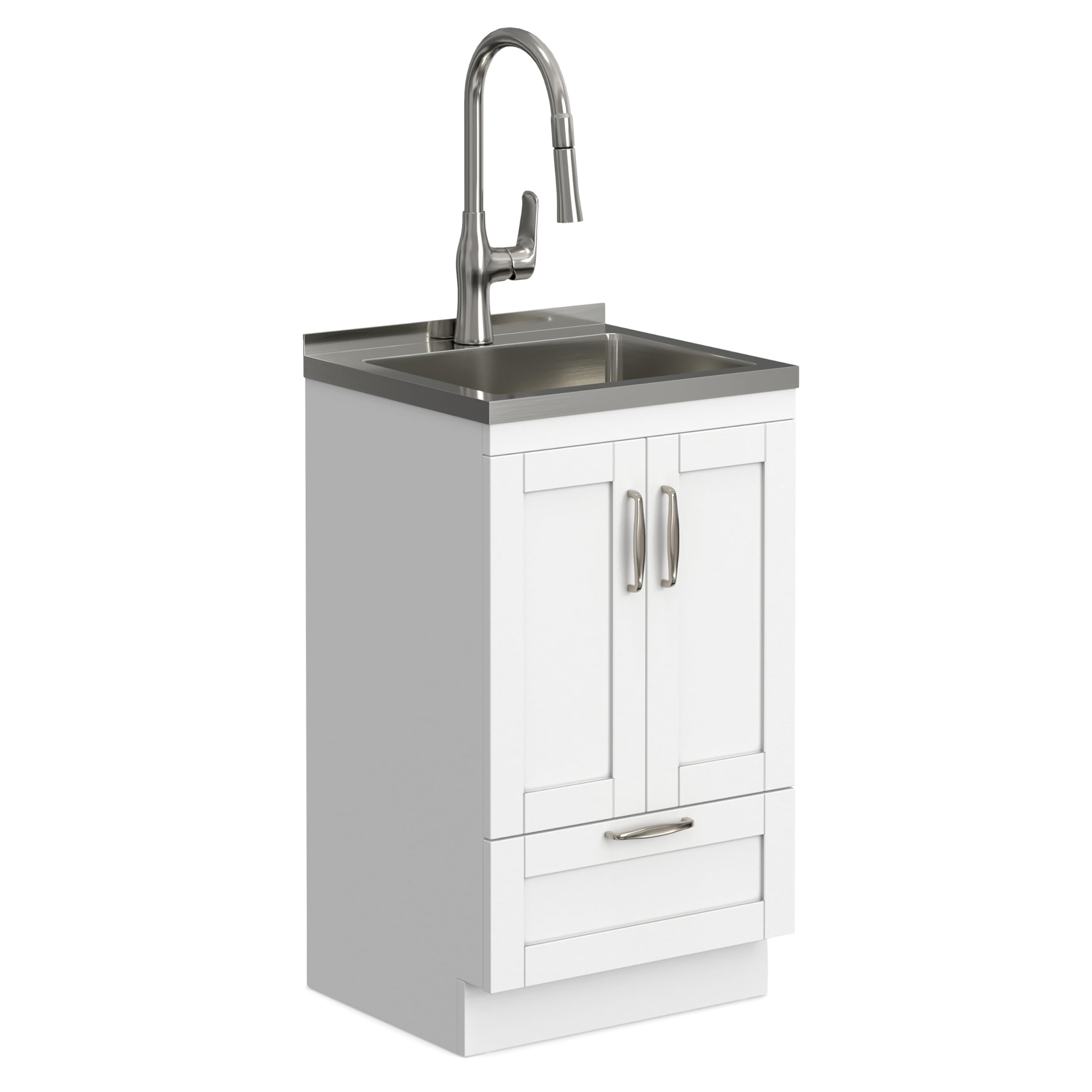SIMPLIHOME Reed All-in-One 20 inch Wide Utility Sink and Laundry Cabinet in Pure White Finish, Transitional Stainless Steel Sink