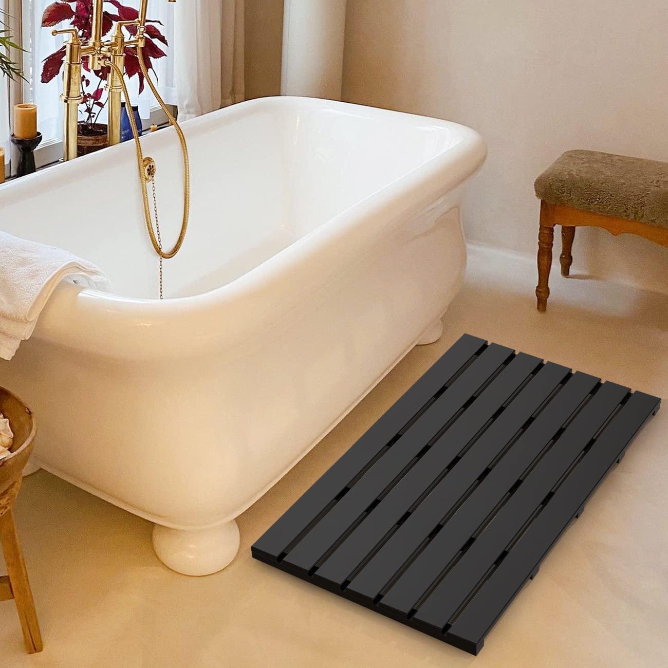 Bamboo Wooden Bath Floor Mat for Luxury Shower - Non-Slip Bathroom Waterproof Carpet for Indoor or Outdoor Use (Black 31.3 x 18.1 x 1.5 Inches)