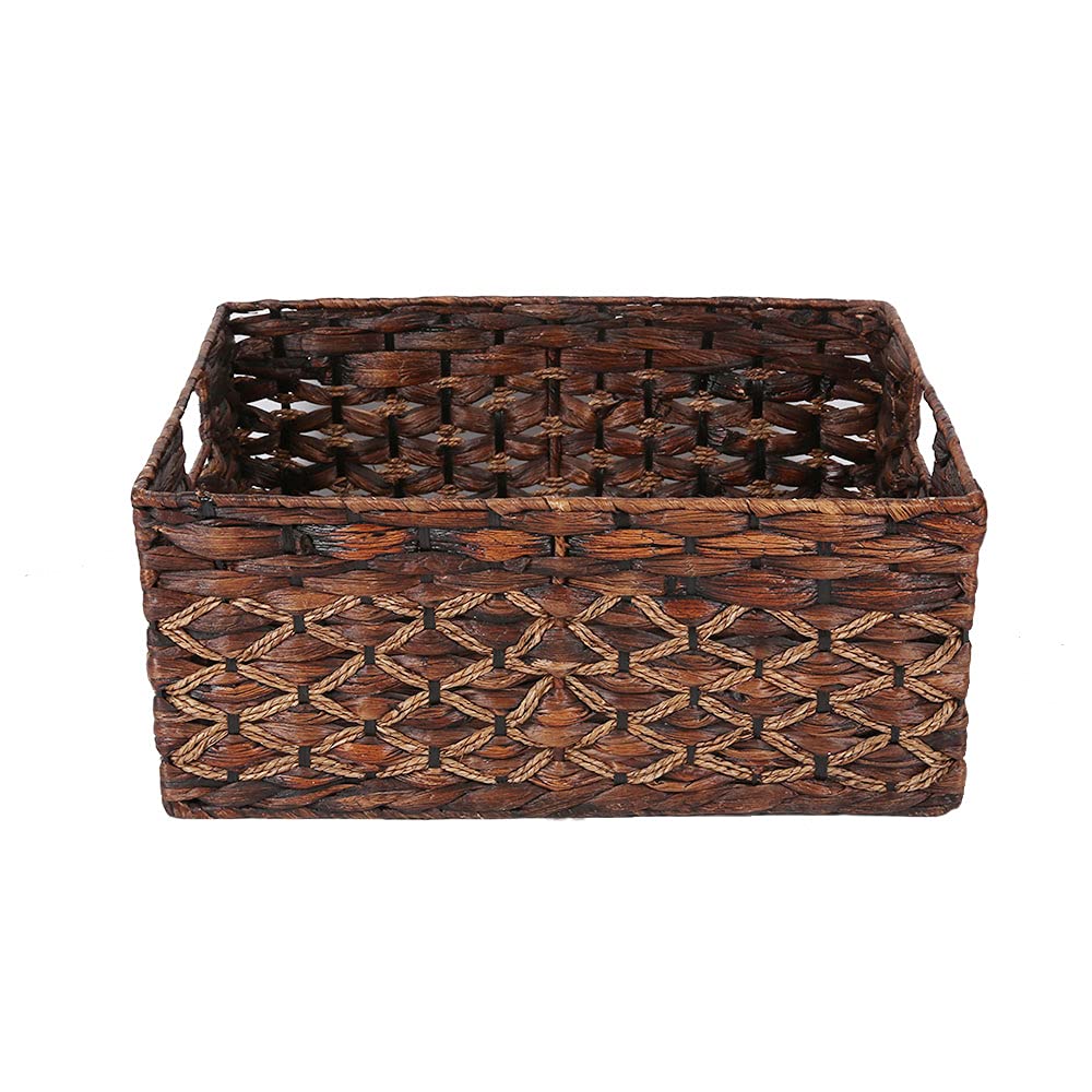 Rectangular Wicker Storage Basket, Dark Water Hyacinth Basket With Inside Handles Shelves Kitchen Office Desk (Large)