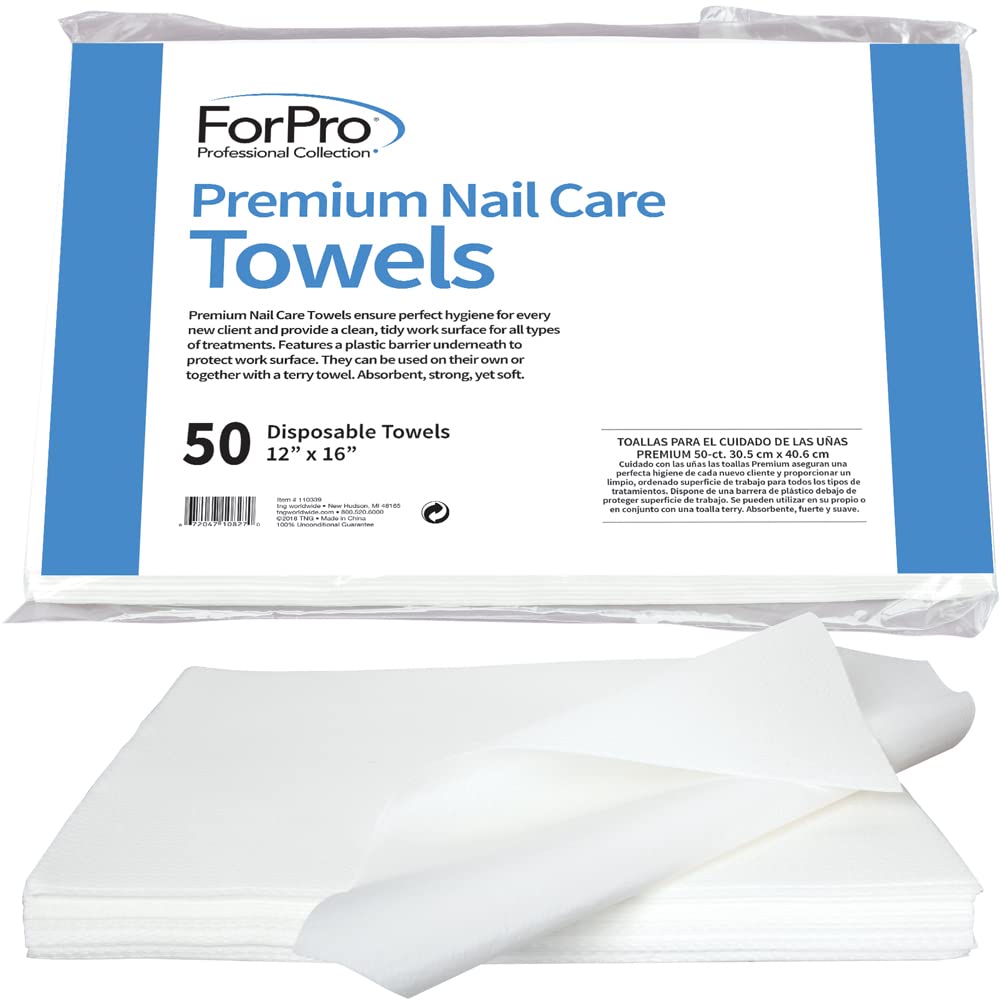 ForPro Premium Nail Care Towels for Manicures and Pedicures, Lint-Free, Disposable Towels with Poly Back, 12'' x 16'', 50-Count