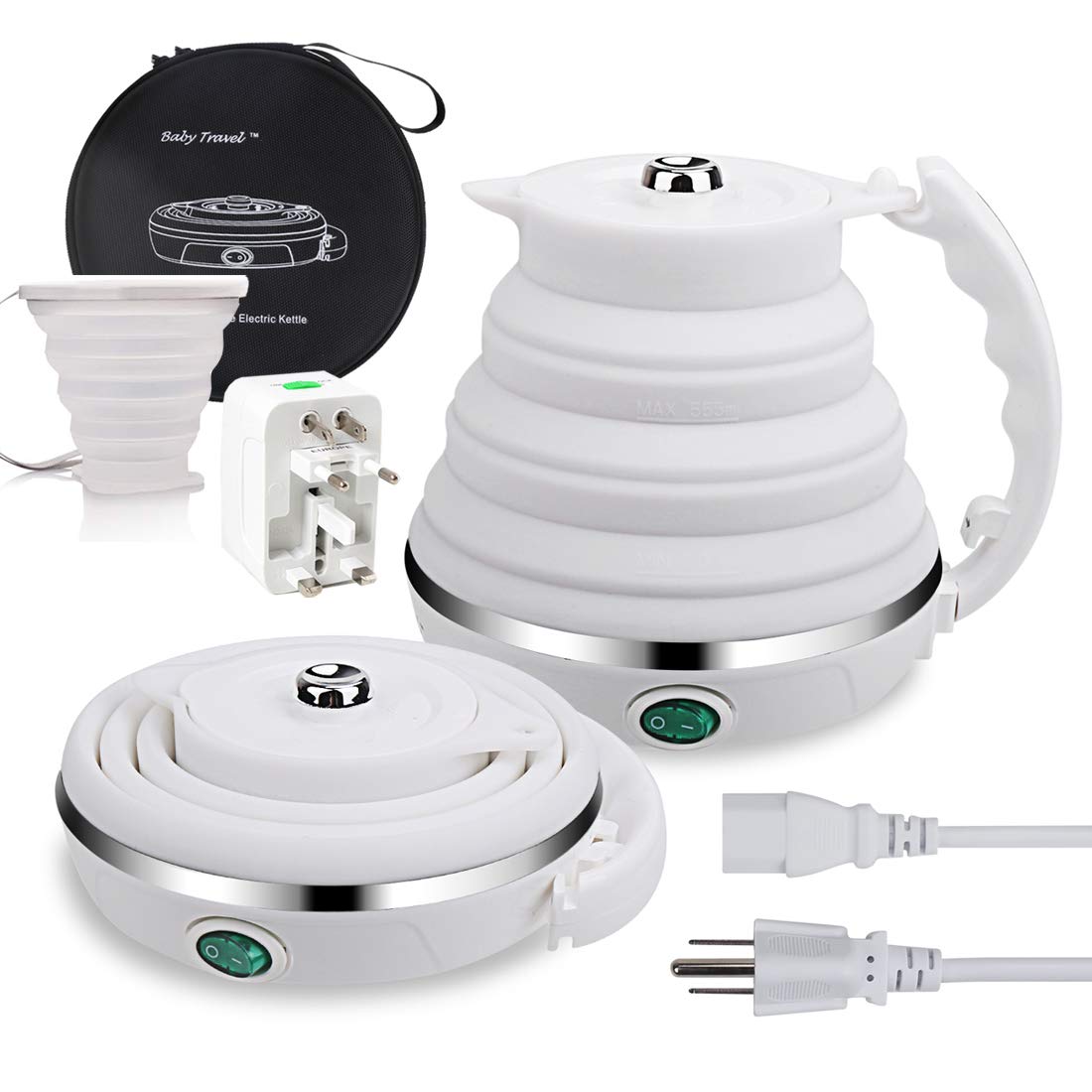 Upgrade Travel Kettle, ShineMe Food Grade Silicone Dual Voltage 110-220V Ultrathin Portable Electric Water Kettle with Cup, Univ