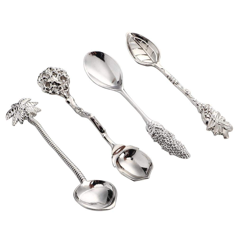 4Pcs Dessert Spoons Mini Spoons Set Coffee Spoon Teaspoon Vintage Royal Carved Fruit Dessert Spoons For Kitchen Dining (Sliver)