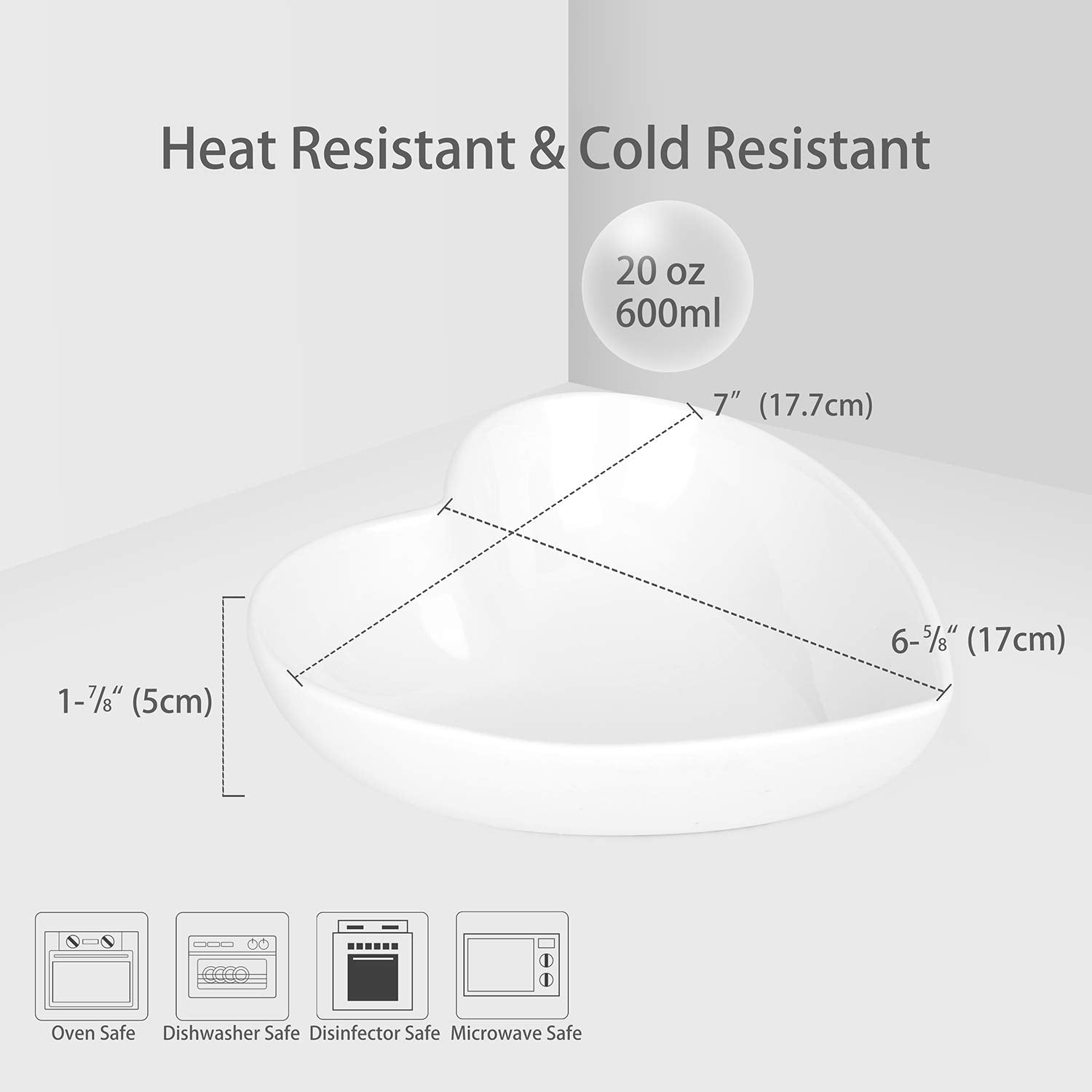 Keponbee Heart Bowls Porcelain 2 Pcs White Heart-Shaped Bowl Dessert Bowls/Salad Bowl 7 Inch, 20 Oz