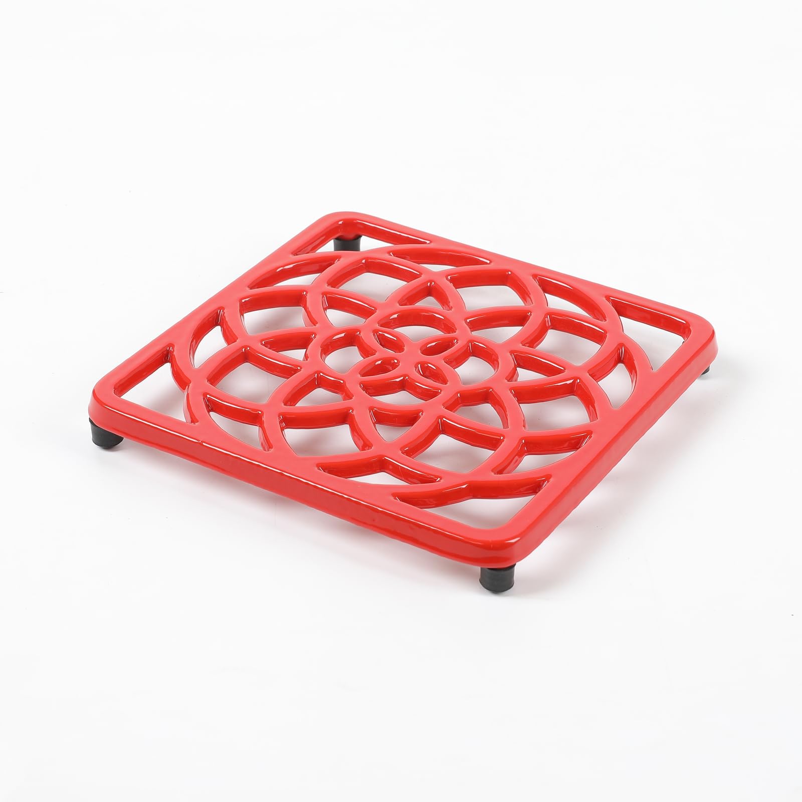 Hawok Enameled Cast Iron Square Trivet With Rubber Pegs, Metal Trivet For Hot Dishes, Red