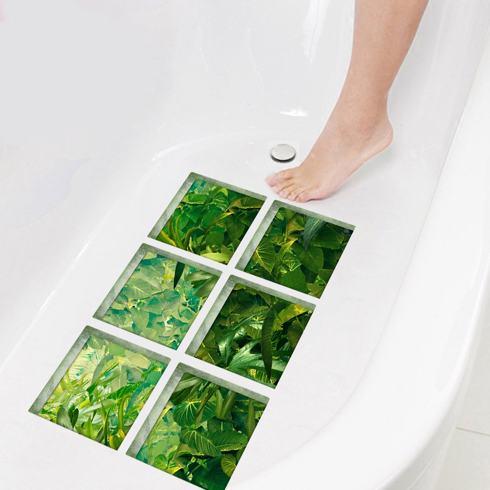 ChezMax Bath Treads Stickers Tropical Forest Pattern Square 3D Adhesive Anti Slip Tub Tattoos Safety Decals Mat Waterproof Shower Tub Sticker Bathtub Appliques for Bath Pools Home Decor 5.9'' X 5.9''