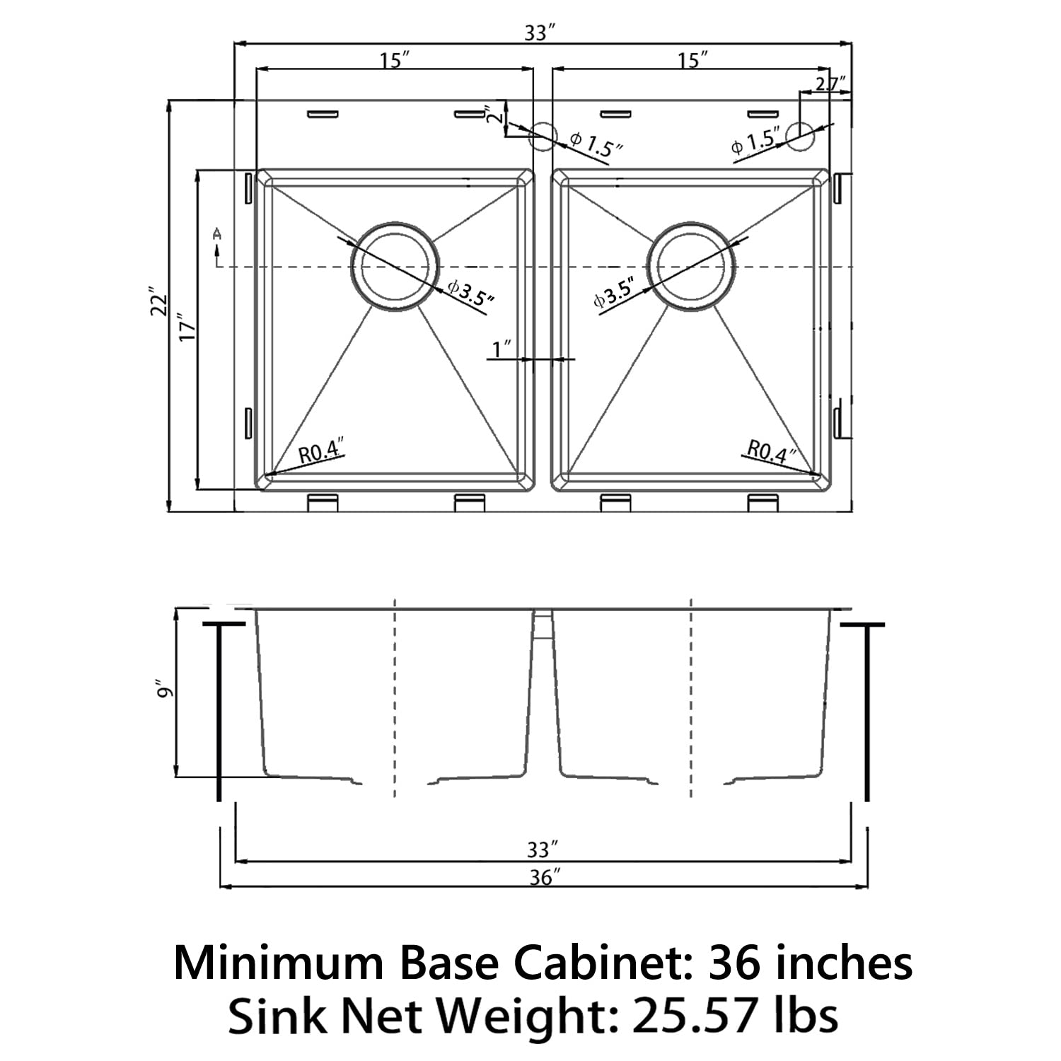Sinber 33'' X 22'' X 9'' Drop In Double Bowl Kitchen Sink With 18 Gauge 304 Stainless Steel Satin Finish Ht3322D-9-S (Sink Only)