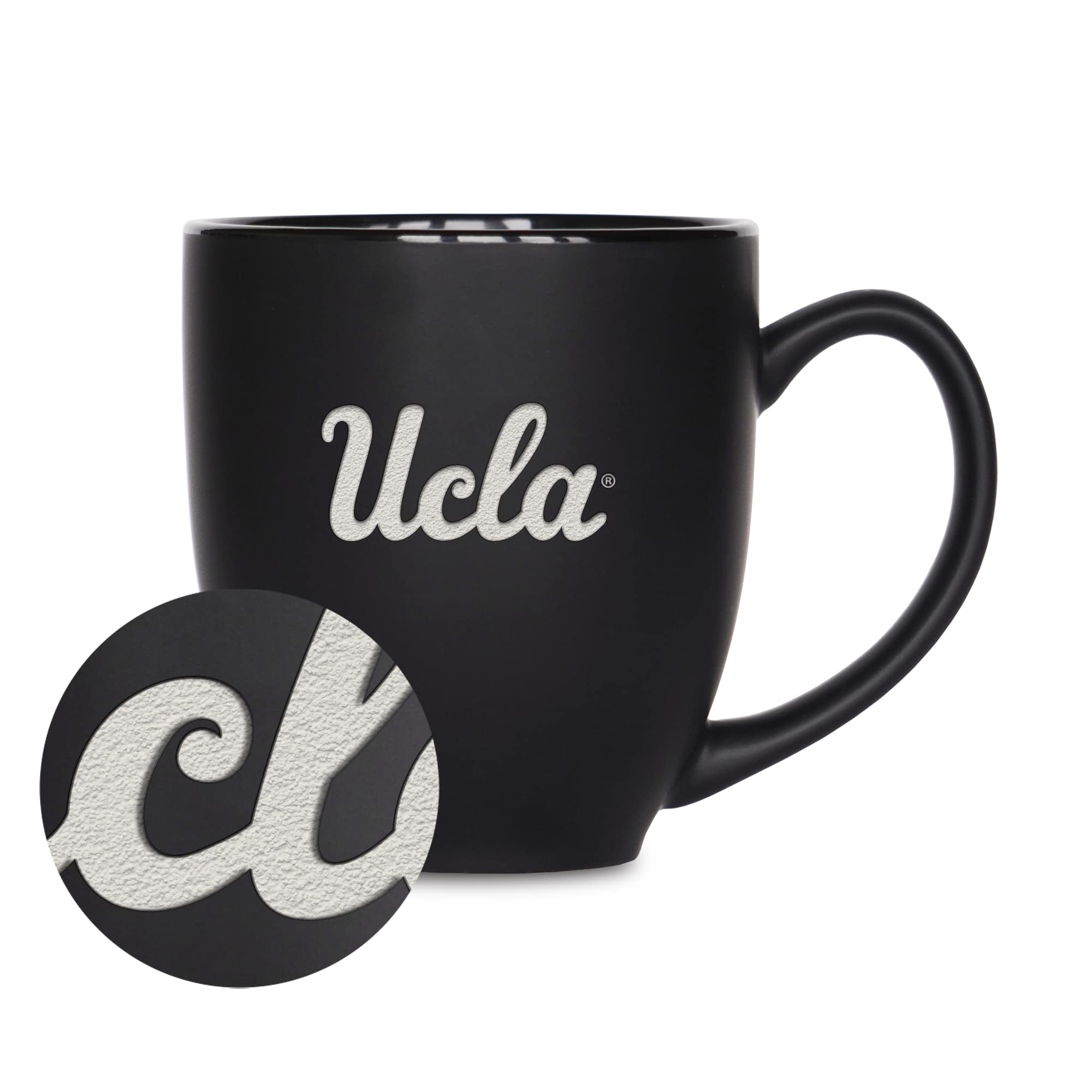Rico Industries NCAA UCLA Bruins Main 15oz Laser Engraved Matte Black Ceramic Bistro Mug - For Hot or Cold Drinks