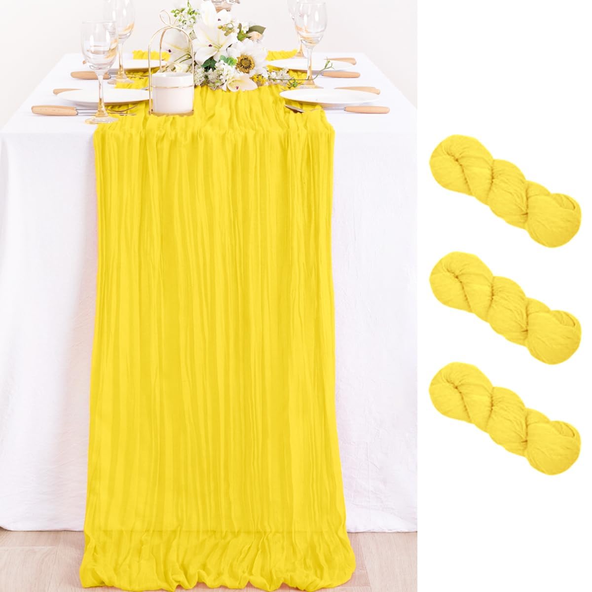 MLMC 3 Pack Yellow Table Runner 10ft Spring Sheer Gauze Cheesecloth Table Runner Cheese Cloth Centerpiece Decororations 35x120 I