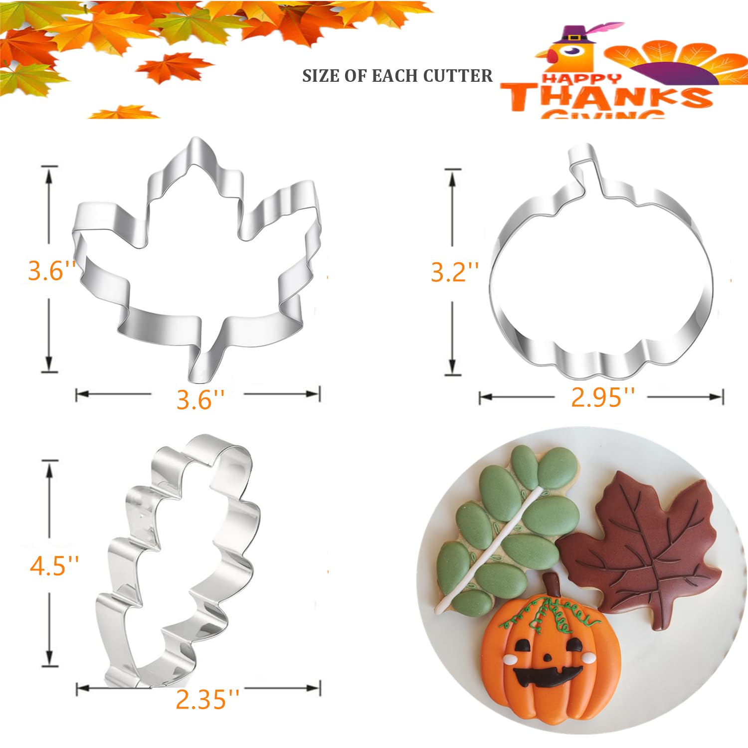 3 Pcs Fall Leaves Cookie Cutters, Large Size 3.2'' To 4.5'' Thanksgving Cookie Cutter Holiday Themed Shapes Of Maple Leaf, Oak L