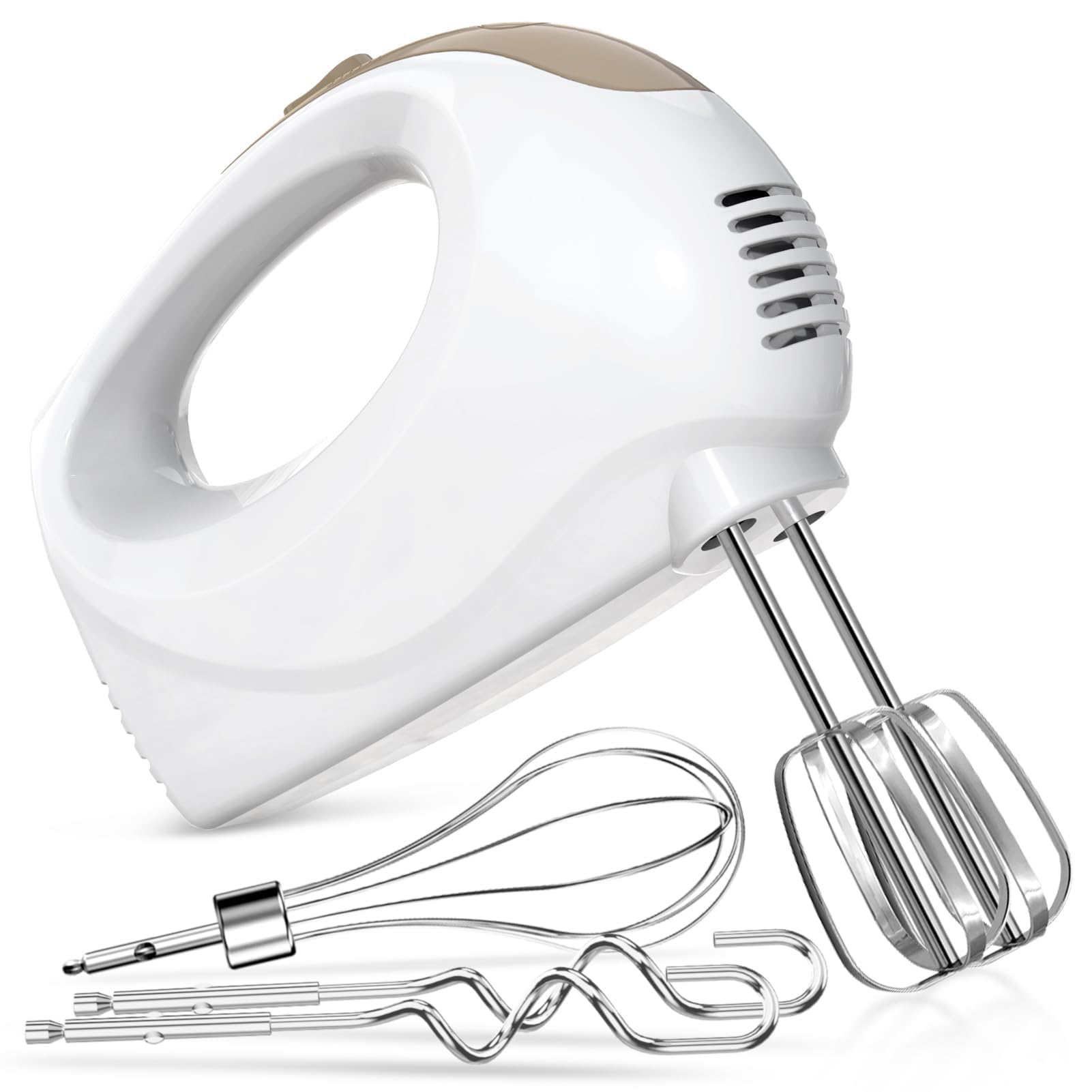 Showvigor Electric Hand Mixer with 5 Stainless Steel Whisks,5 Speed,White2