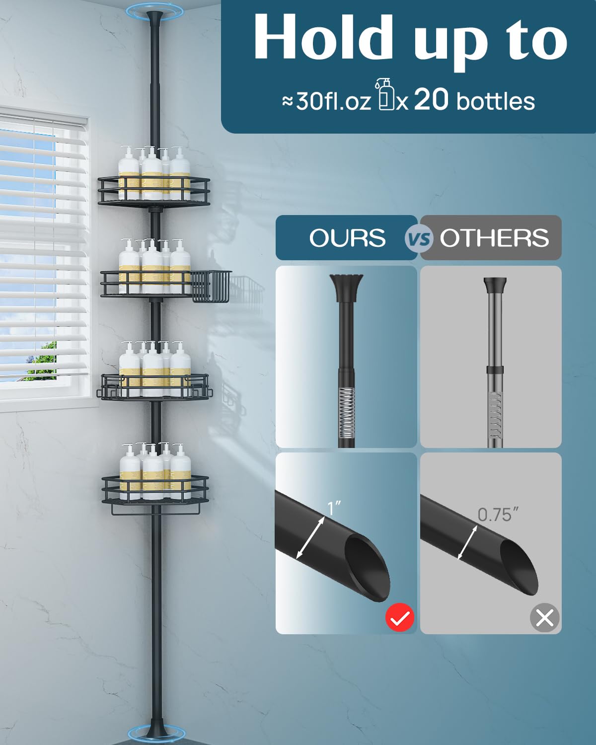 Seirione Rustproof Corner Shower Caddy Organizer, 4 Large Baskets For Storage Bathroom Accessories, Tension Pole Extend From 56