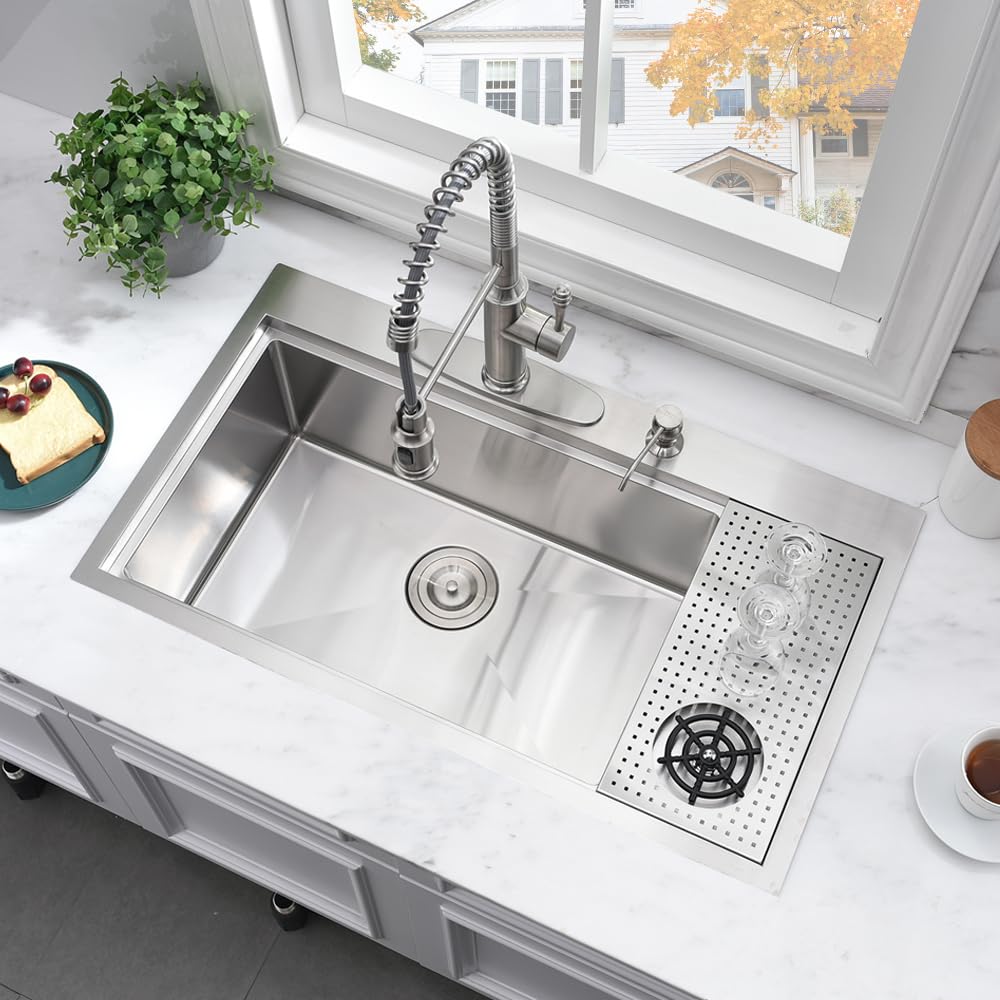 33X19 Drop In Kitchen Sink Workstation-Bokaiya 33 Inch Kitchen Sink With Glass Rinser Stainless Steel Drop In Workstation Sink 1