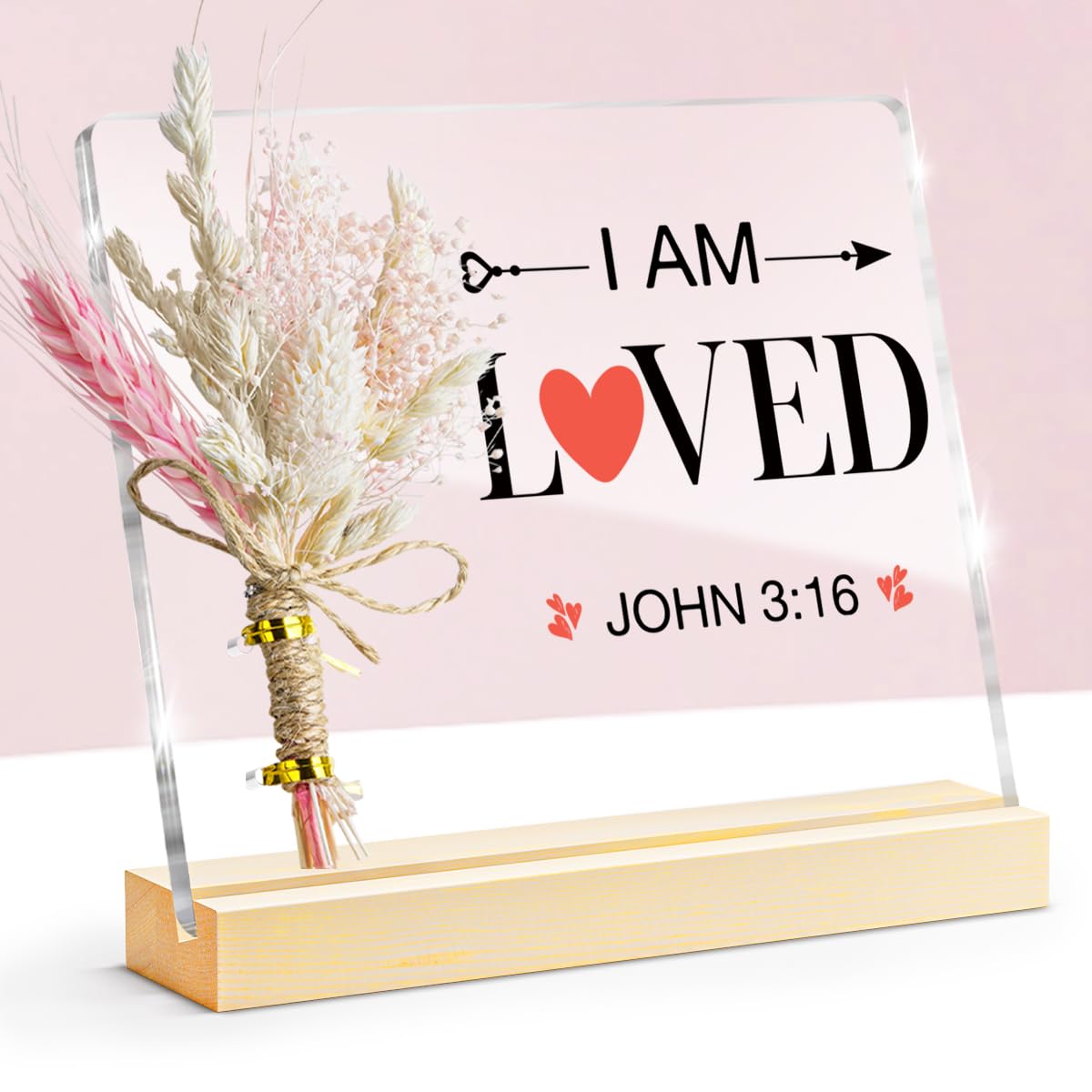 Valentines Day Gifts, John 3:16 Valentines Decorative Sign, Bouquet Acrylic Sign With Wooden Stand for Office Desk Table Shelf