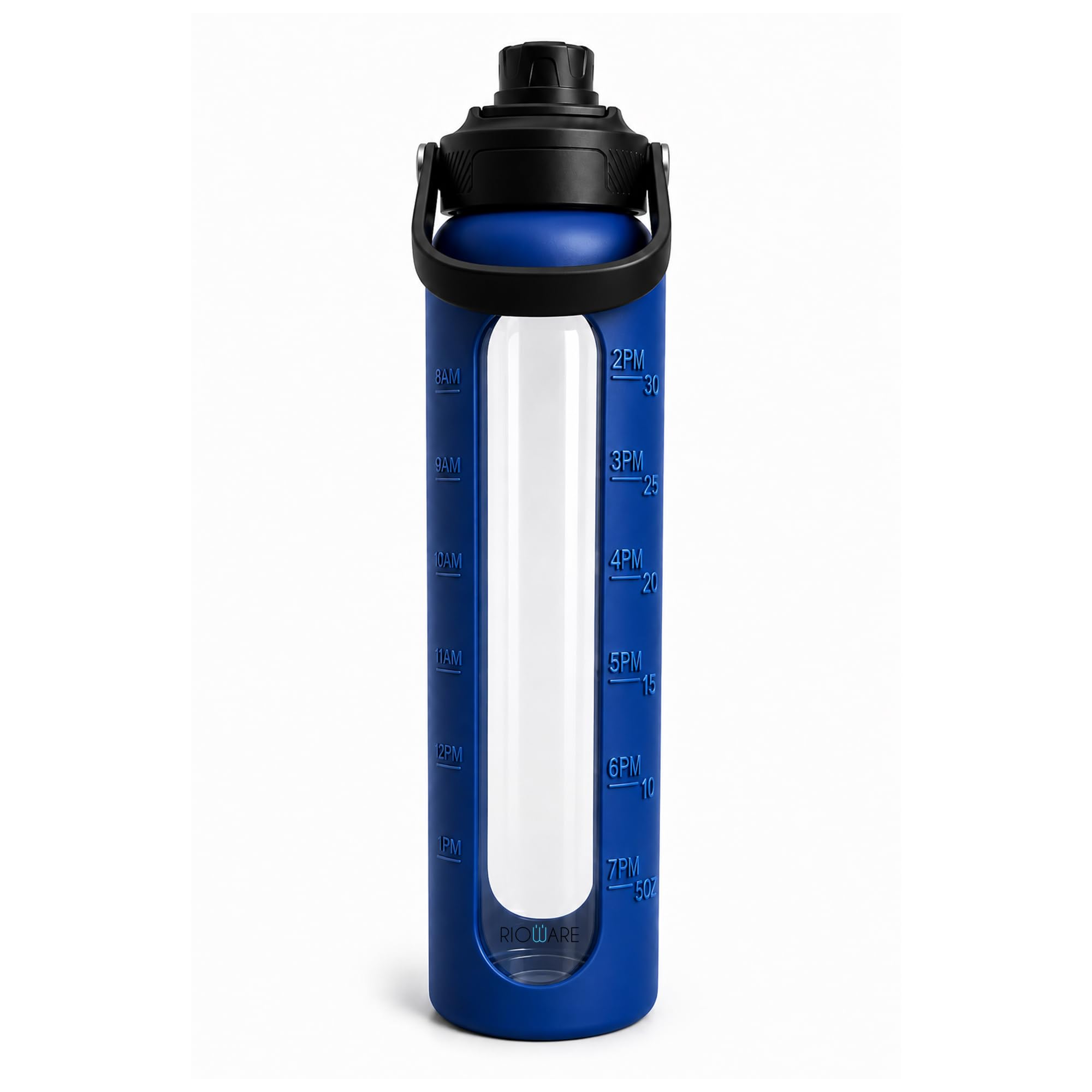 Rioware1 Litre Motivational Borosilicate Glass Sipper With Silicone Sleeve, Time Markings, Airtight,LeakProof BpaFree EcoFrie