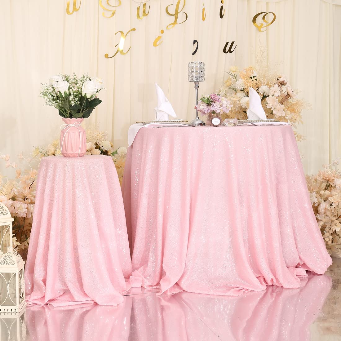 Partydelight Sequin Tablecloth, Christmas Tree Skirt, Round, 50'', Pink