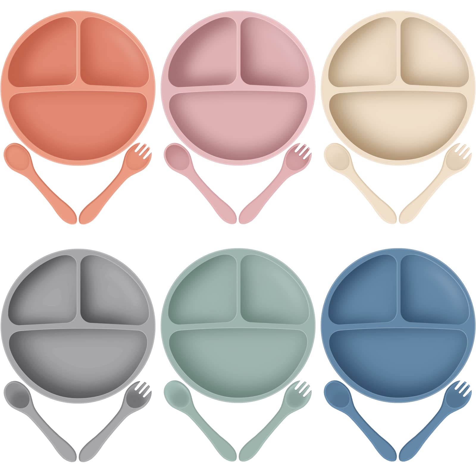 Potchen 6 Pack Suction Plates for Baby with Spoon Fork Divided Toddler Plate with Suction Silicone Baby Self Feeding Set for Boy
