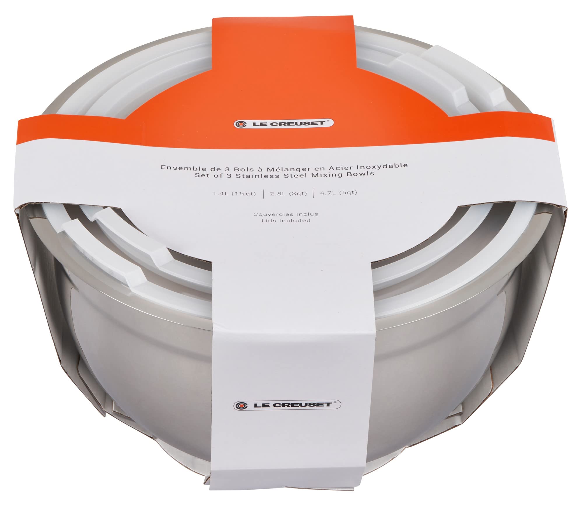 Le Creuset Set Of 3 Nested Mixing Bowls W/Nonslip Silicone Base & Plastic Air Tight Lids, Large, Stainless Steel