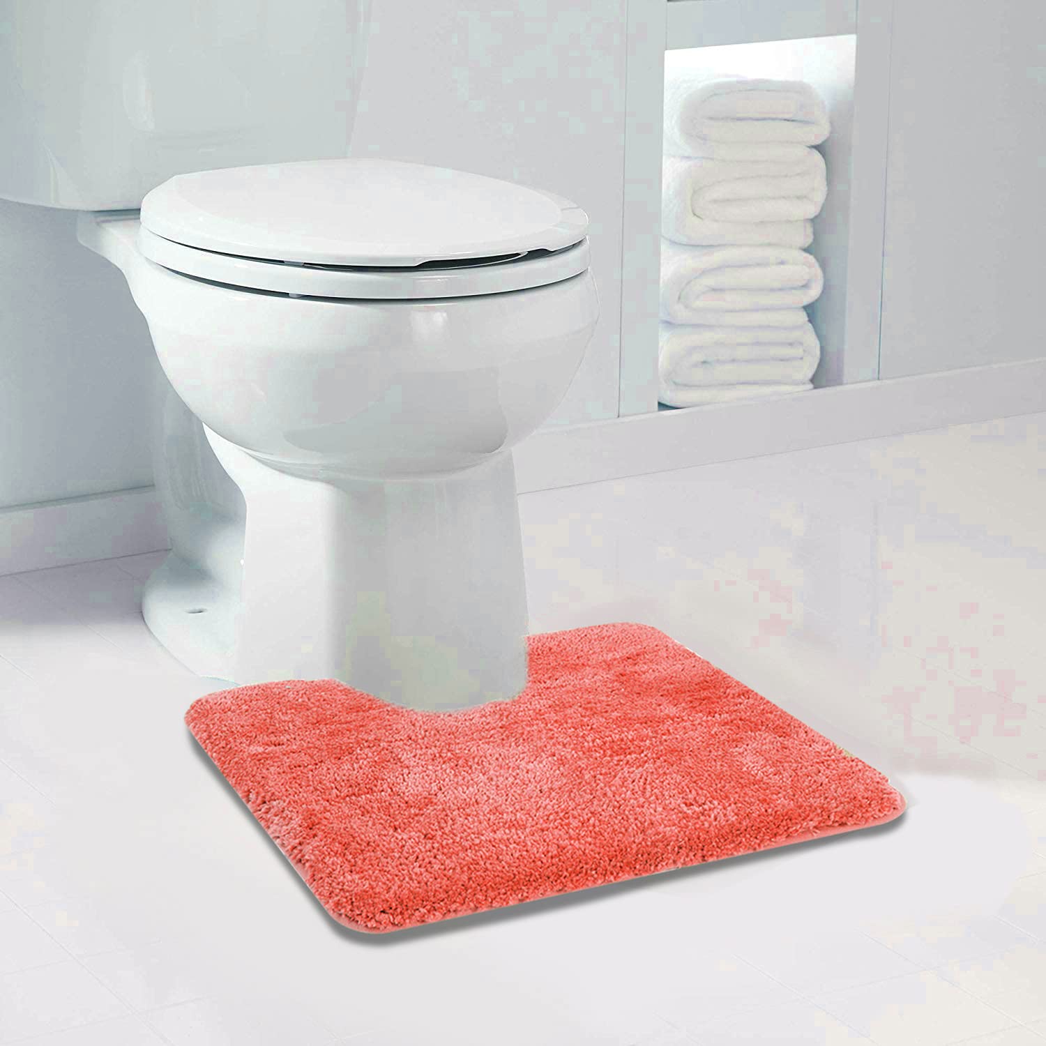 Walensee Shaggy 2 Piece Bath Rug Sets (Living Coral) 20 X 24 U Shape Contour Rug & 20 X 32 Bathroom Rug Machine Wash/Dry Bath Ma