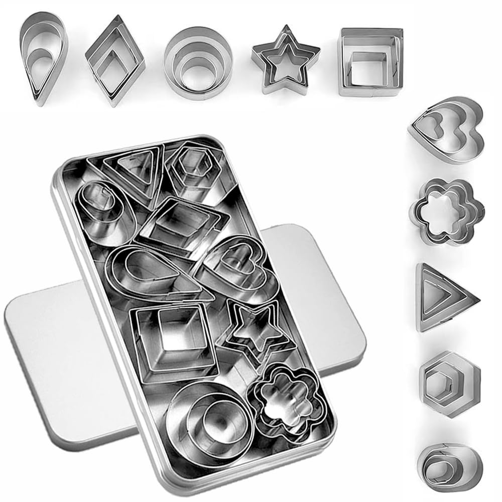 30Pcs Mini Cookie Cutter Set with Box, Small Stainless Steel Fruit Veggie Tiny Polymer Clay Cutters for Kids, Geometric Set for 