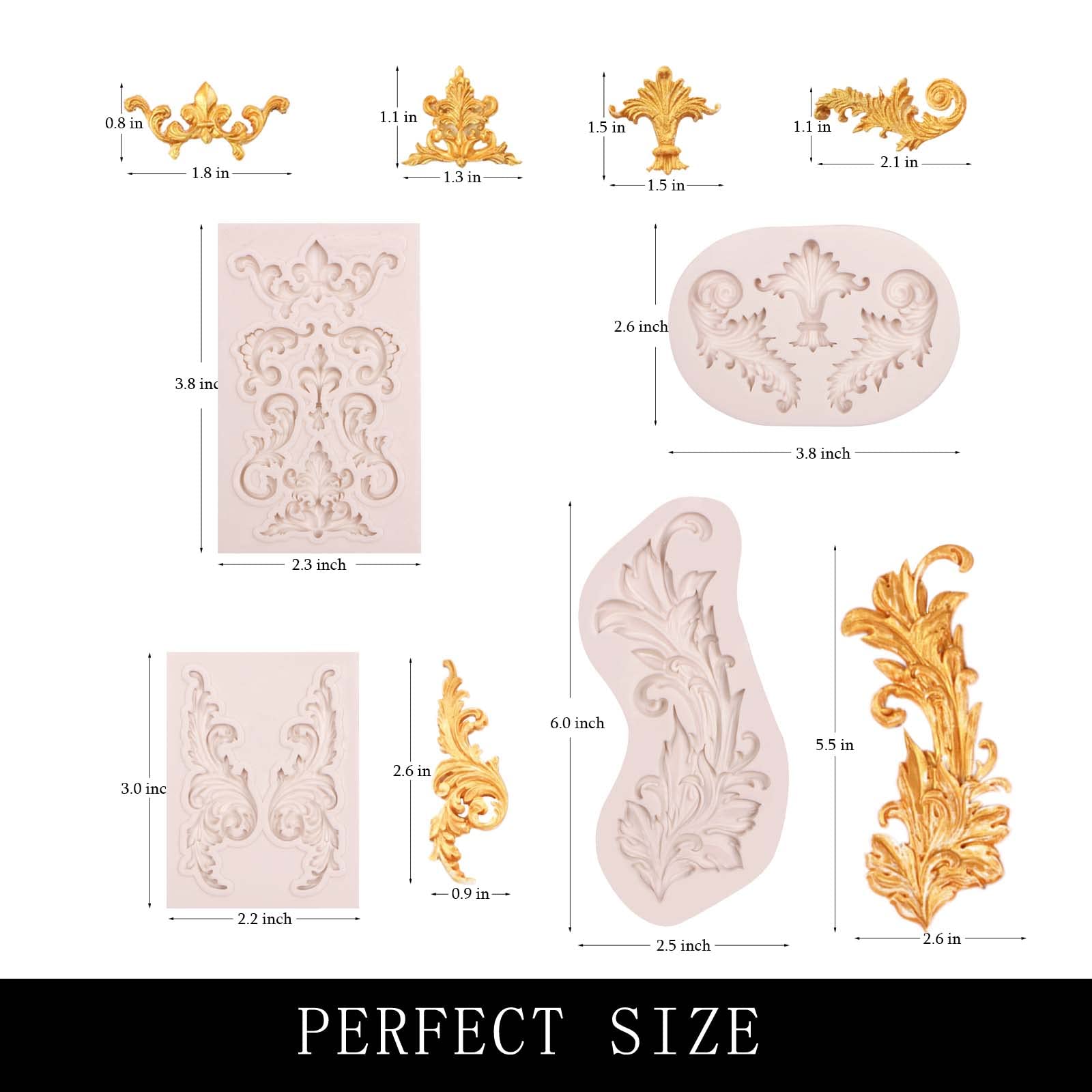 Baroque Silicone Fondant Molds, (4 Pack) Scrolls Border Feather Crown Corner Molds, For Cake Cupcake Decorating Chocolate Candy