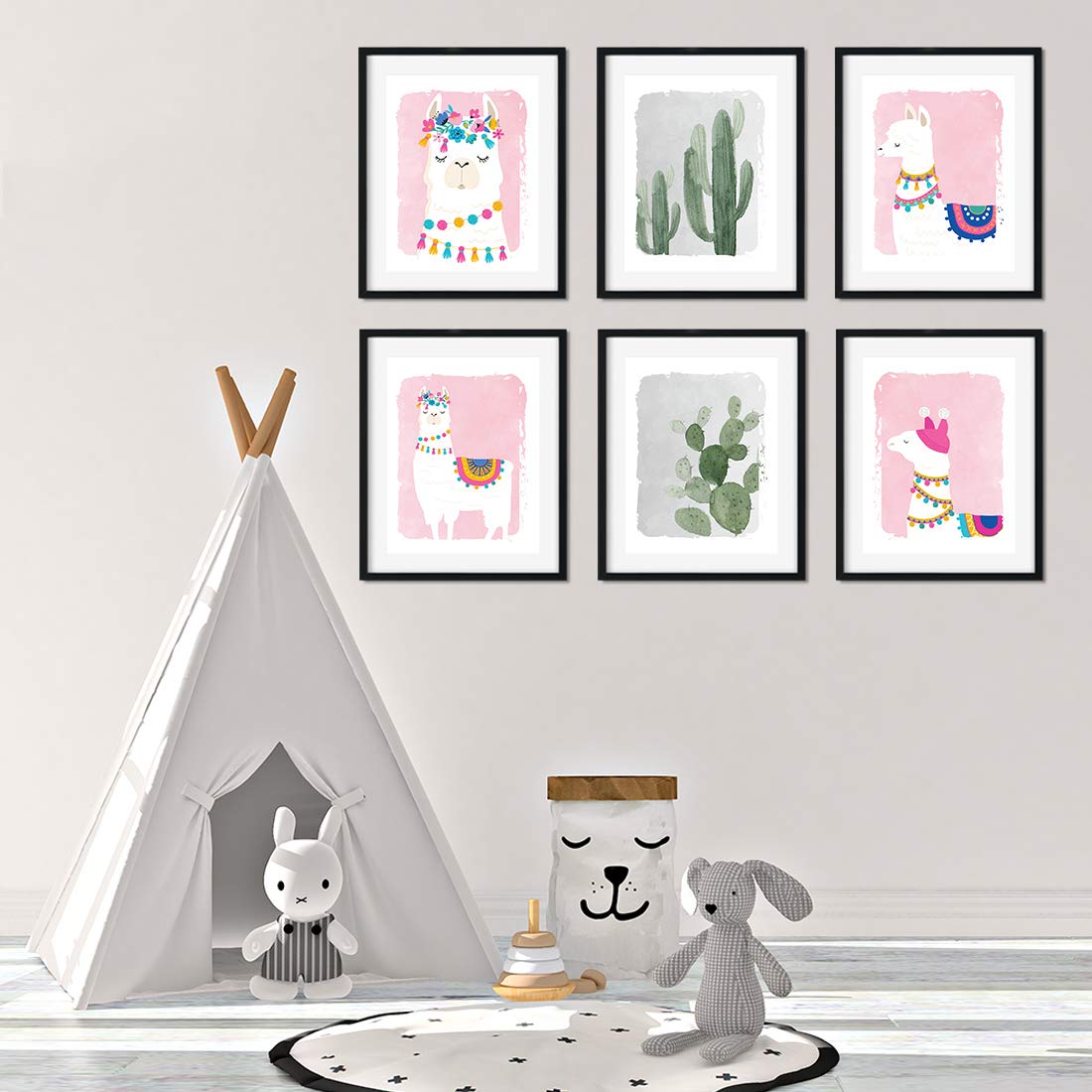 Andaz Press Llama Theme Nursery Kids Room Unframed Hanging Wall Art Poster Home Decor, 8.5X11-Inch, Girl Pink, Watercolor Cactus