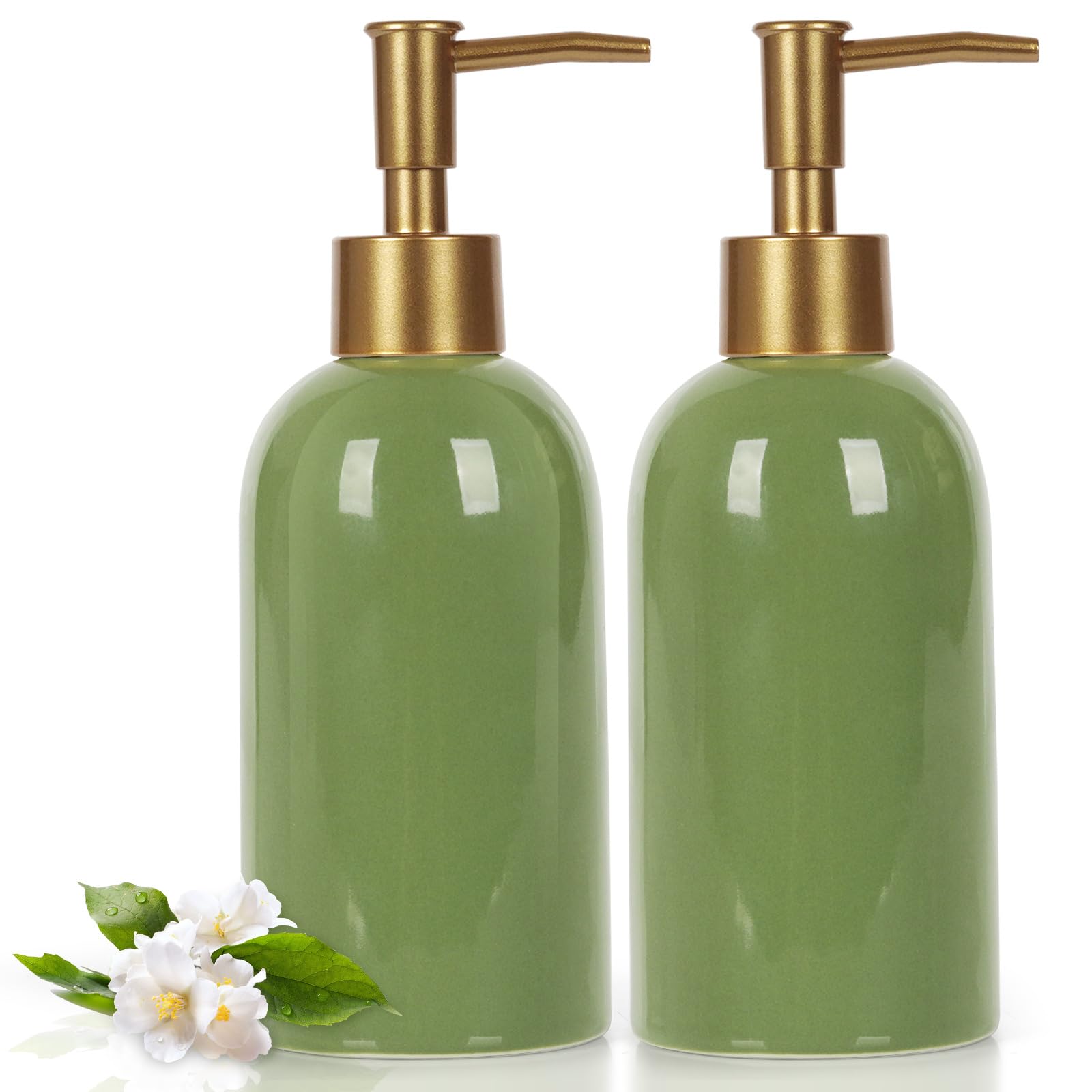 Natheeph 14OZ Ceramic Soap Dispenser Ceramic Soap Pump Dispenser Can Fill Liquid for Bathroom/Kitchen (2PC Green)