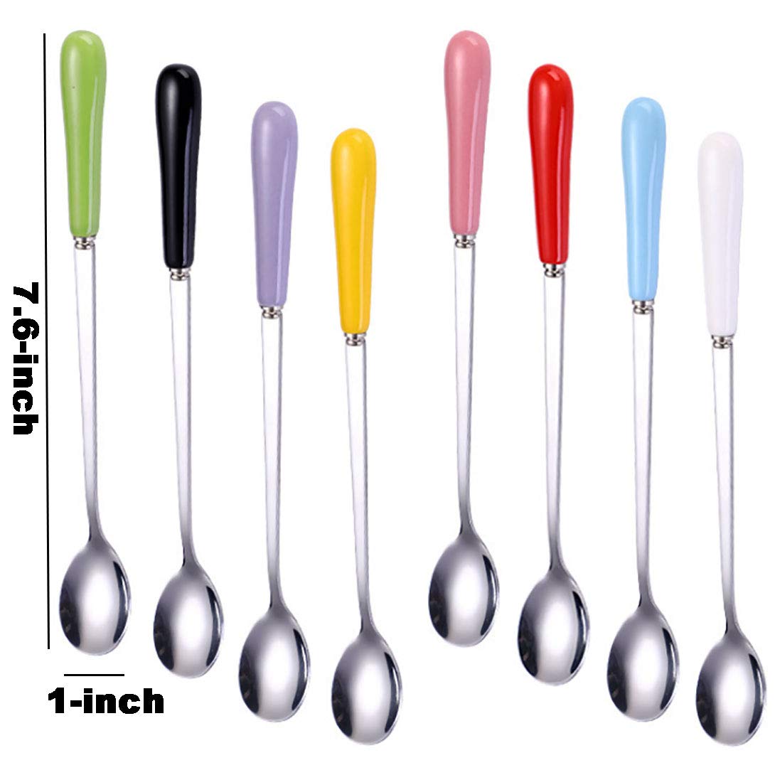 Goeielewe Mixing Spoons Set Of 8, Stainless Steel Iced Teaspoons With Ceramic Handle 7.6-Inch Long Soup Tablespoons Espresso Cof