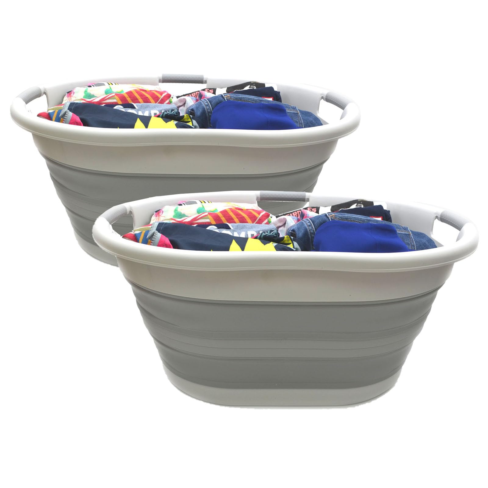 SAMMART 57L (15 Gallons) Collapsible 3-Handled Plastic Laundry Basket - Oval Tub - Portable Washing Tub-Space Saving Laundry Hamper  Water Capacity 44L / 11.6 Gallon (2  Grey/Grey)