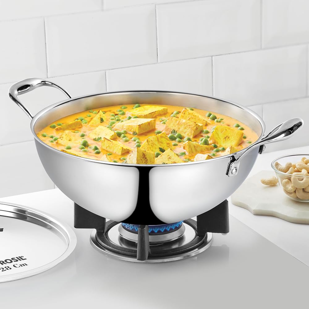 Borosil Cookfresh Tri-Ply Stainless Steel Deep Kadhai | Kadai For Deep Fry | Gas, Induction Friendly | Even Heat Distribution | 