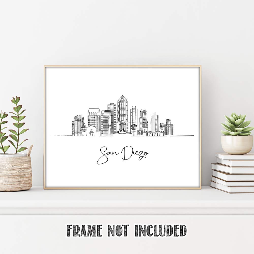 San Diego City, California State City Line Art Skyline Landscape - Usa Travel Adventures & Vacation Cityscape Wall Art Decor- Un