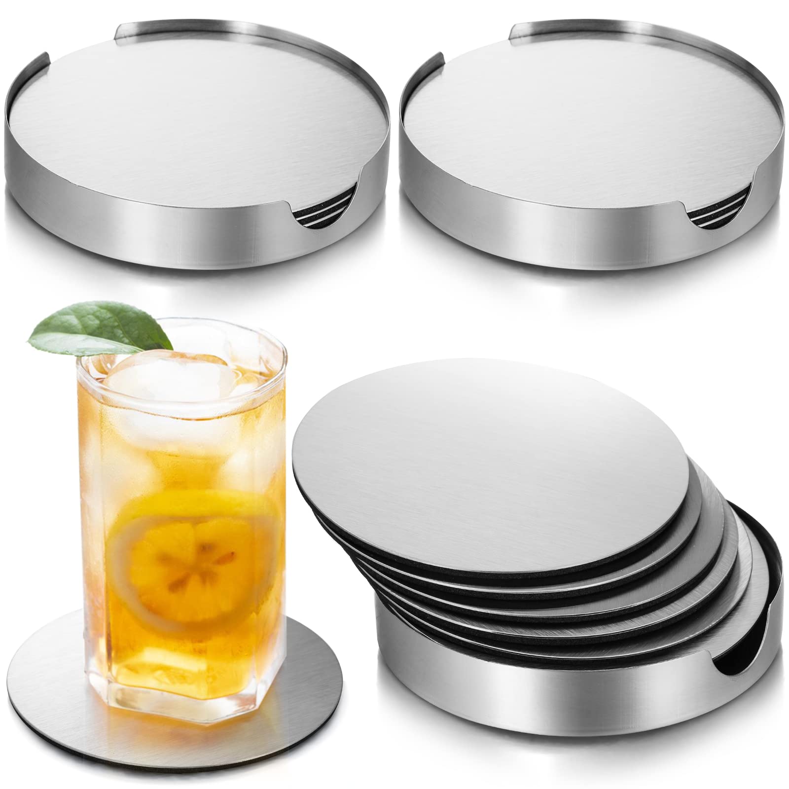 Hiceeden 18 Pack 4 Inch Stainless Steel Coasters, Round Silver Modern Coasters With 3 Holder, Rubber Foam Anti-Slip Bottom Coast