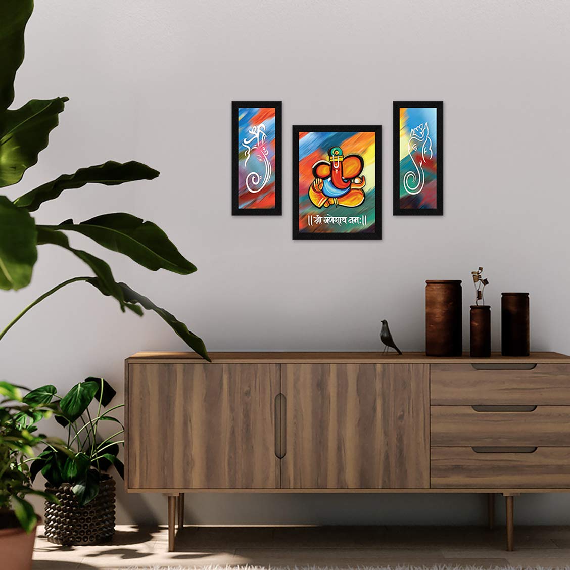 ArtX Paper God Ganesha Wall Art Painting Photo Frame, Multicolor, Traditional, 13 X 22 in, Set of 3