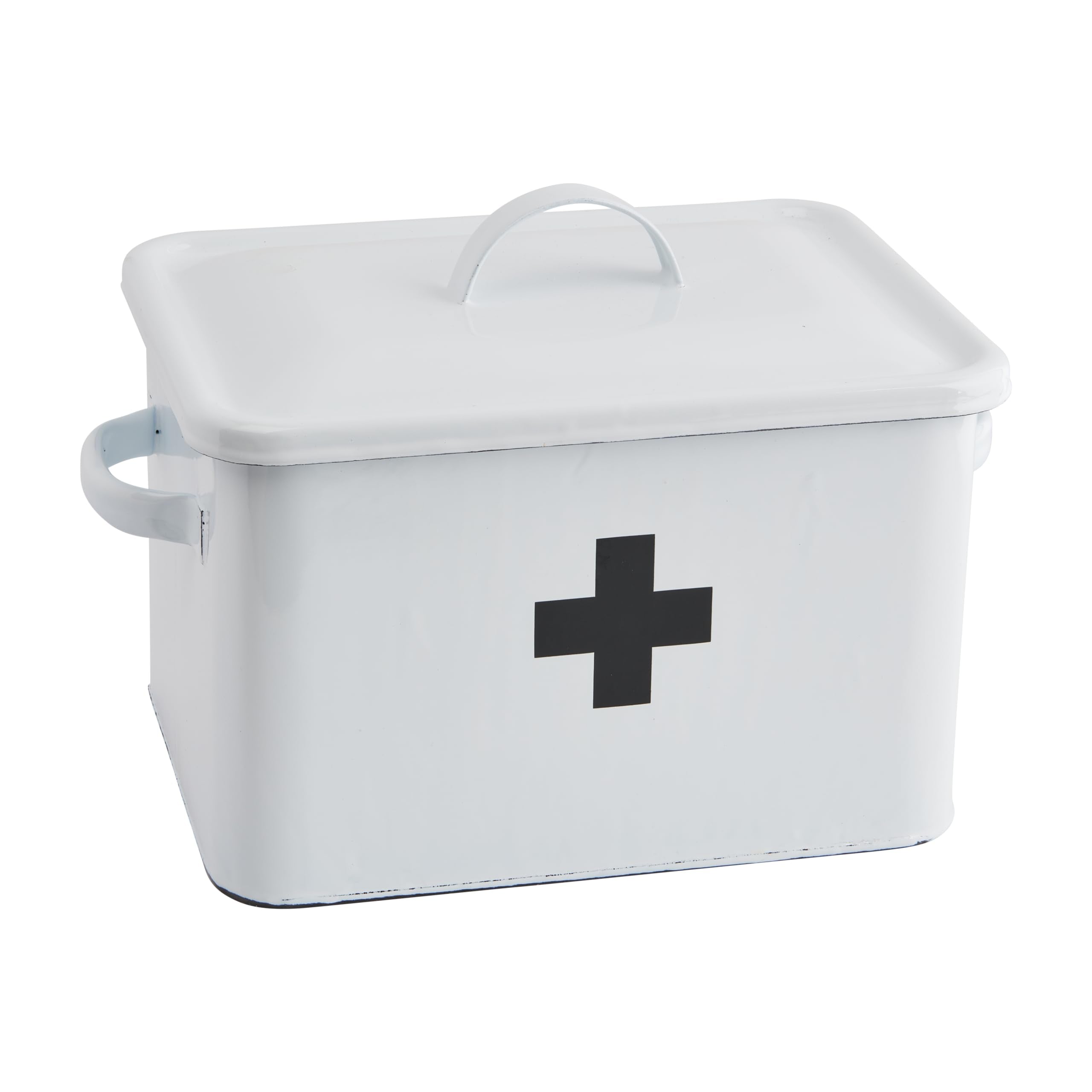 Enameled First Aid Box with Lid & Black Cross on Front