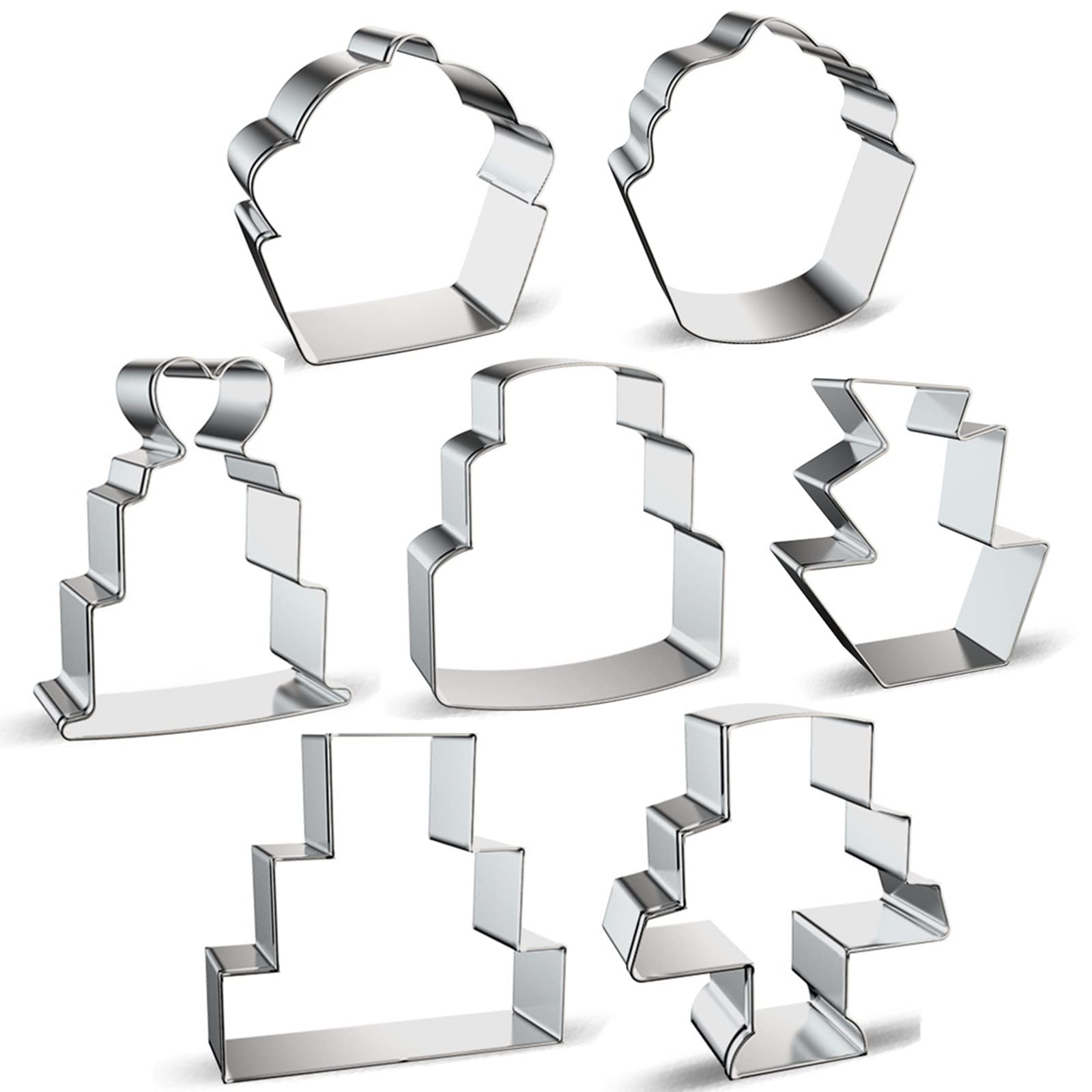 Cake Shaped Cookie Cutters Set Of 7 Pcs, Stainless Steel Cupcake/Birthday Cake/Wedding Cake Series Fondant Cutter Molds Baking D