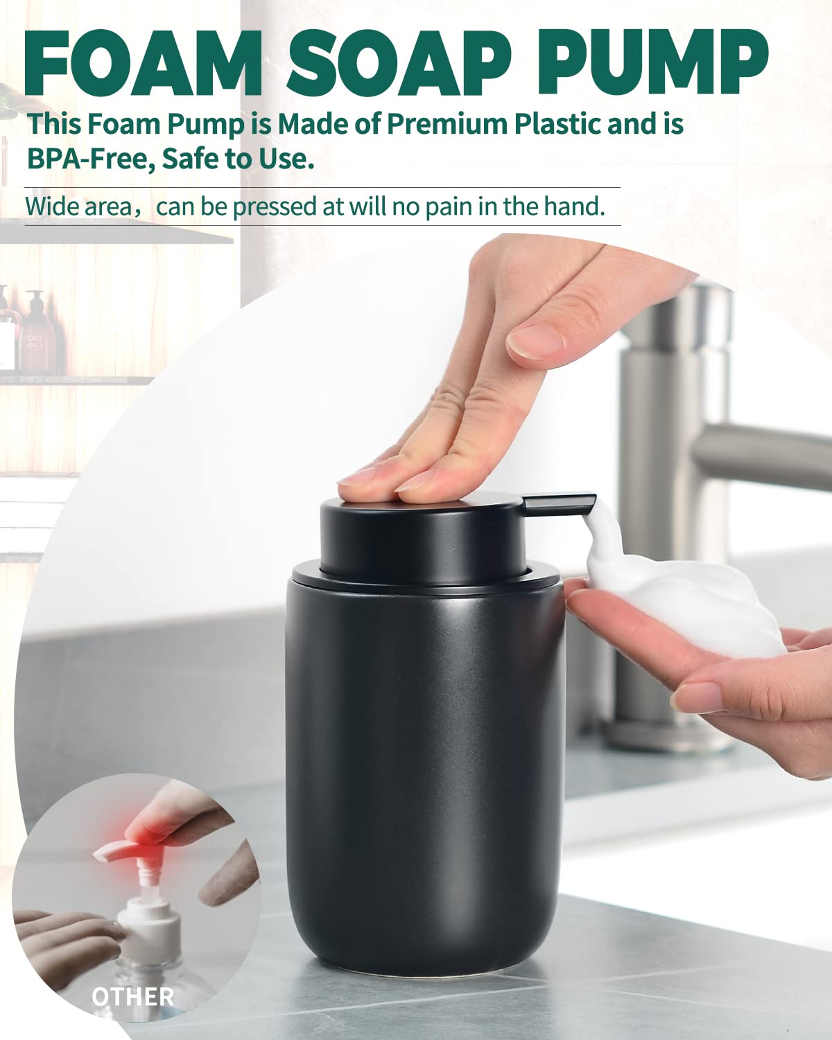 BosilunLife Black Foam Soap Dispenser - Ceramic Foaming Hand Soap Dispenser for Bathroom Modern Farmhouse Small Soap Dispenser Lotion Hand Pump Dispenser for Kitchen Sink
