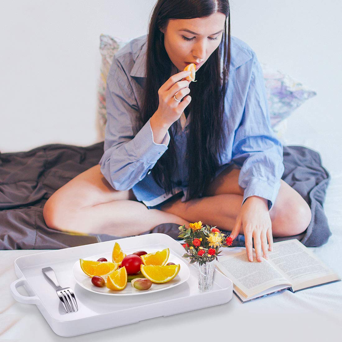 I Bkgoo Foodservice White Plastic Tray With Handle Set Of 2 Large Melamine Cube Serving Platters For Parties, Table, Kitchen Siz
