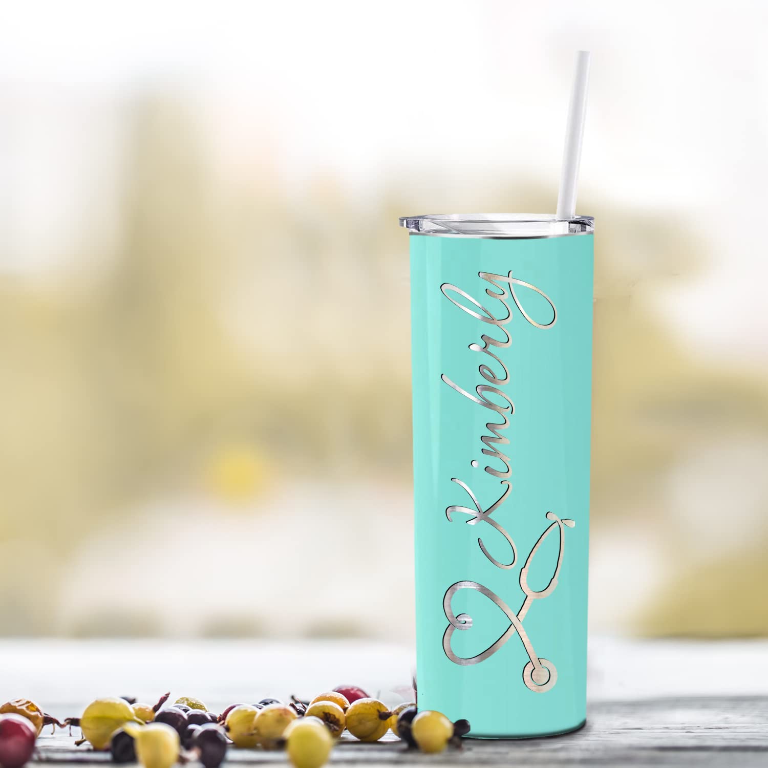 Cuptify Personalized Nurse Heart Stethoscope, Rn, Lpn, Cna, Cma, Ma Skinny Tumbler With Lid And Straw On Seafoam Gloss 20 Oz Ins