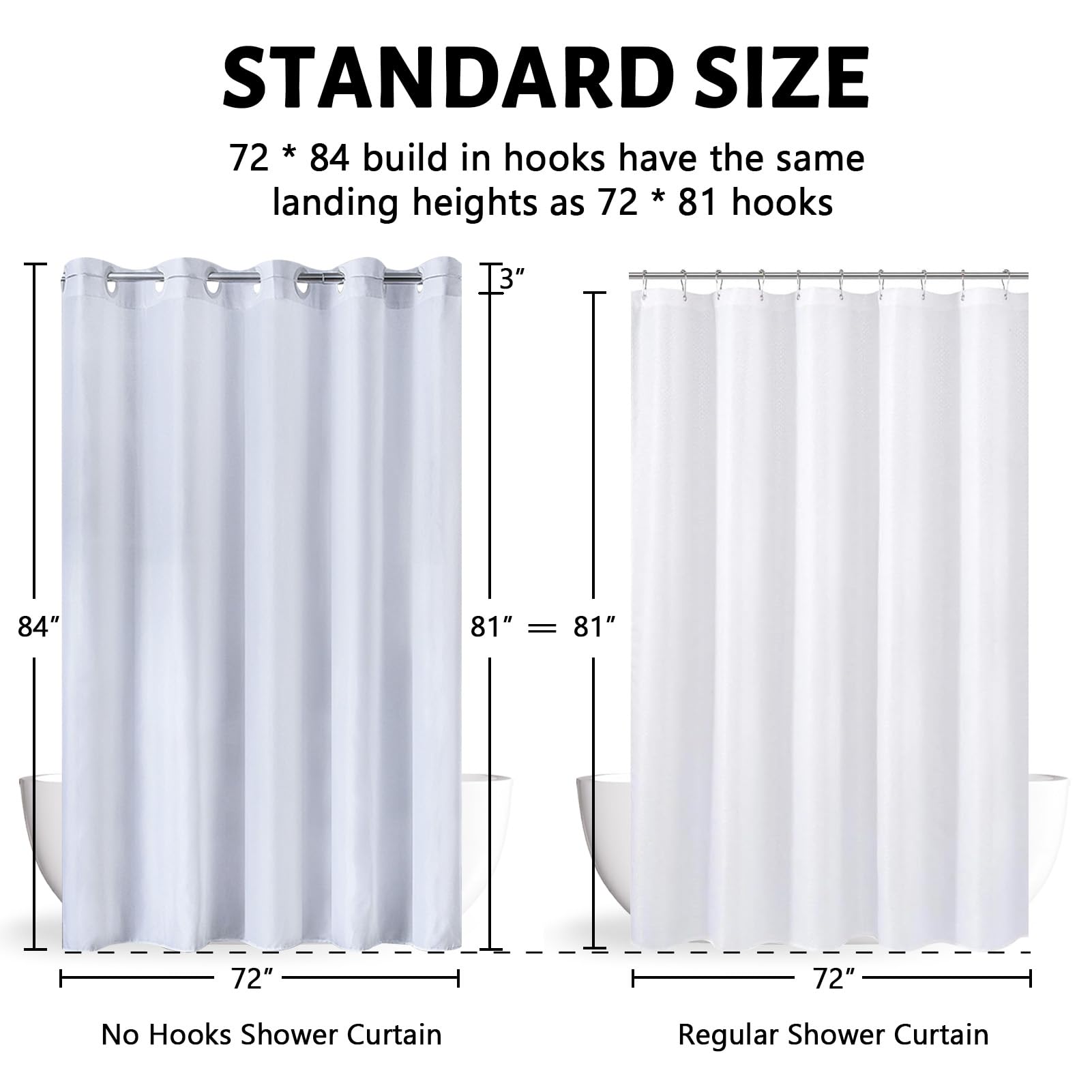 Furlinic No Hook Extra Long Shower Curtain 84 Length Polyester Fabric Bathroom Curtains with 10 Plastic Split Grommets Modern Hotel Style Waterproof White Shower Curtains 72x84.