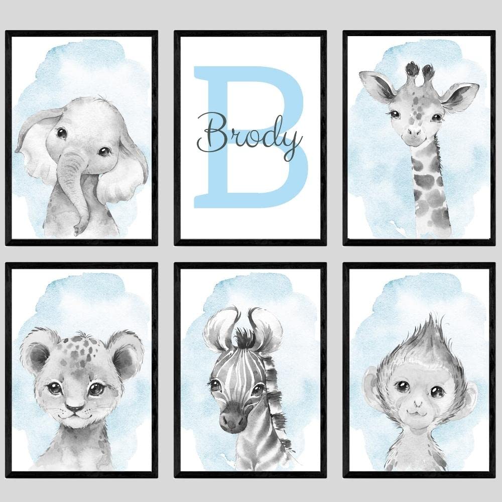 Personalized Safari Animals For Baby Boy Girl Nursery Bedroom, Unframed Set Of 6 Poster Prints, Personalized Name Gray Blue Gree