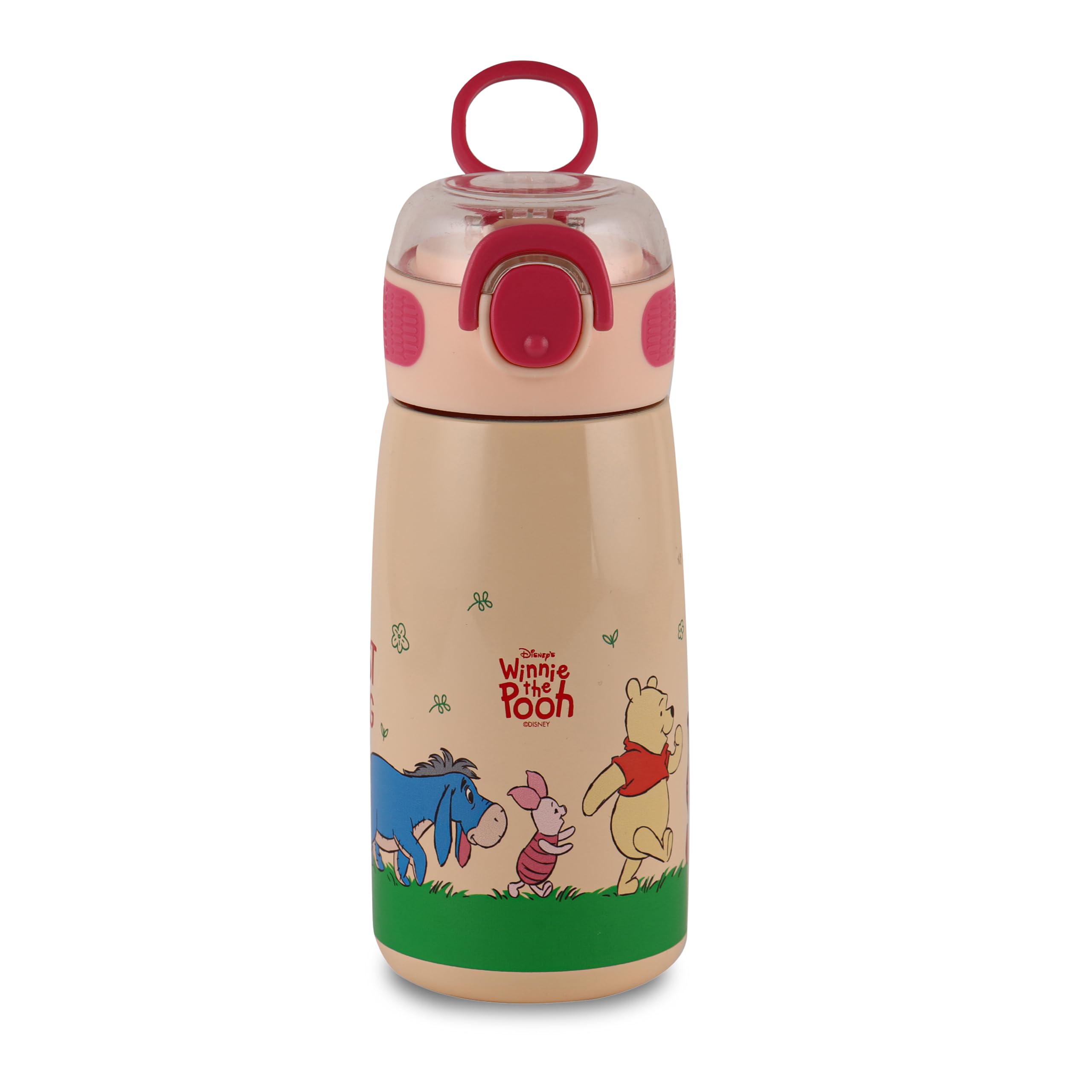 Cello Kidzbee Flare 450 Insulated Stainless Steel Sipper Water Bottle 444 Ml, Peach | Winnie Family Cartoon Design Hot & Cold Bo